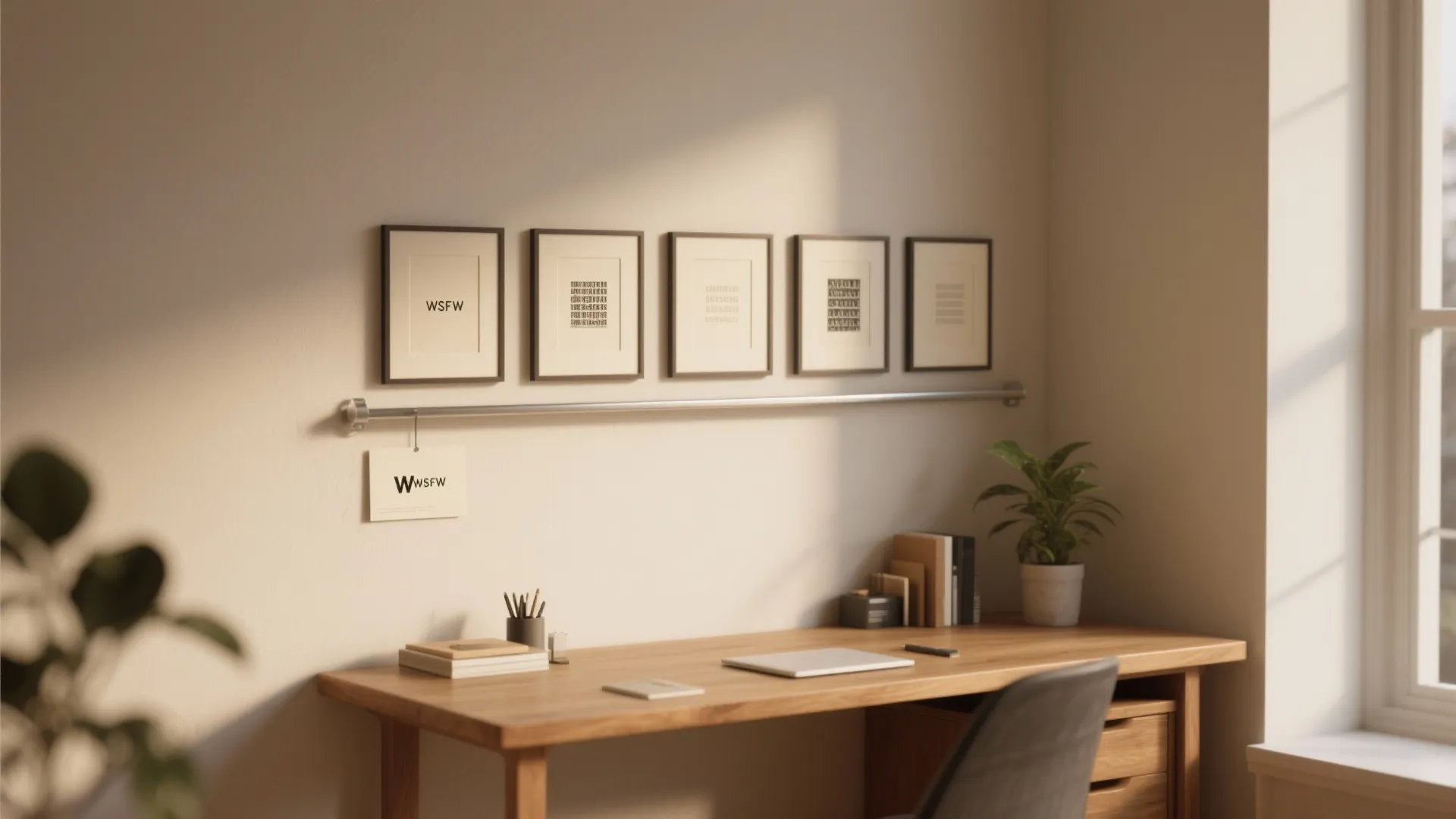 Wooden desk area featuring five framed pictures on wall metal rail plant and sunlight from window
