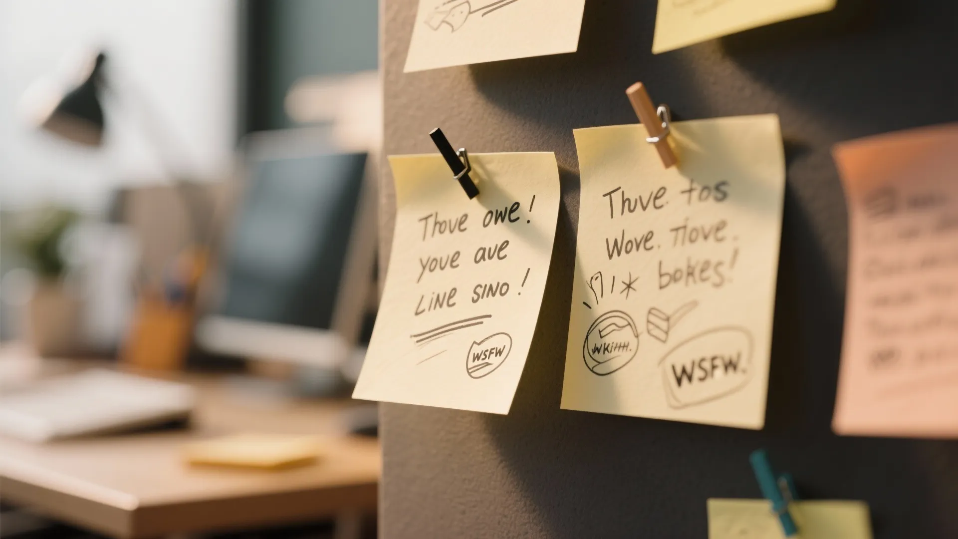 Close up of yellow sticky notes with handwritten text pinned on a wall near furniture