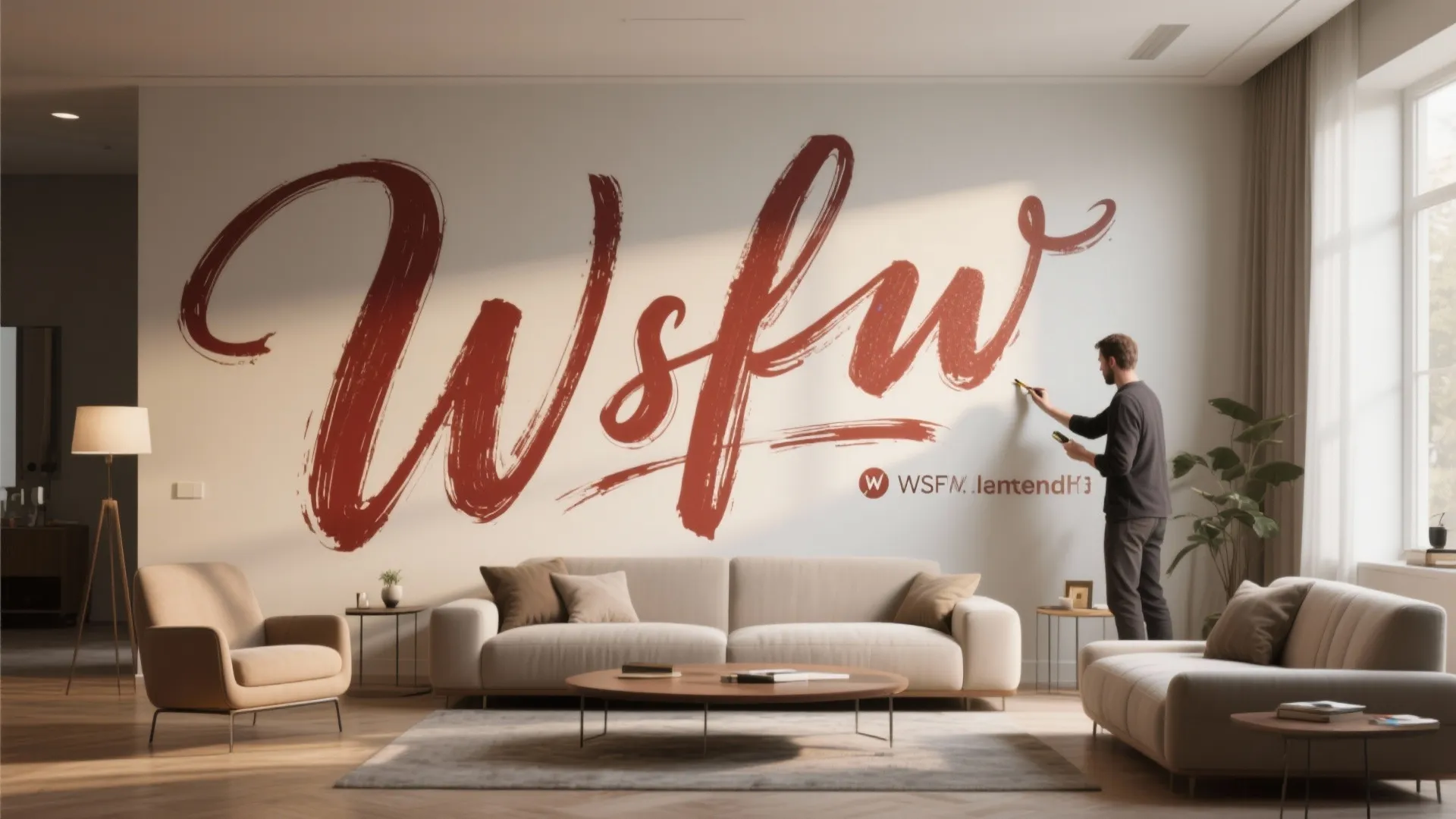 Artist painting large red script typography mural on white wall in modern minimalist living room