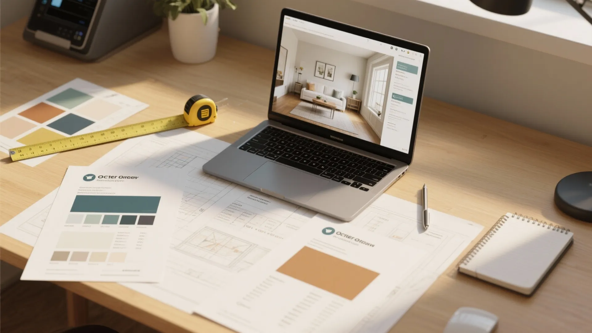 Laptop showing living room design on wooden desk with color samples notebook and tape measure
