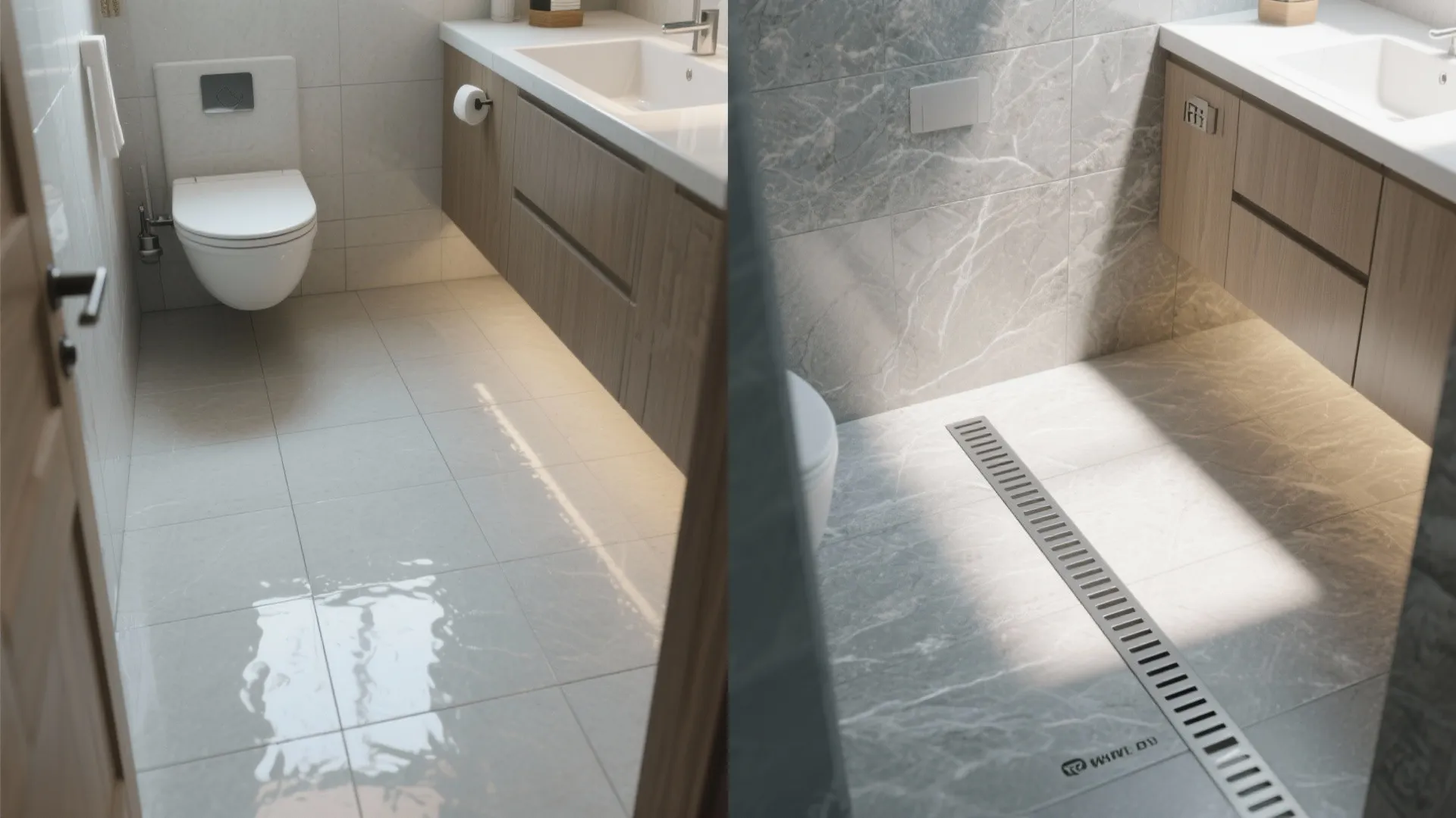 Before and after comparison of bathroom floor design with a white toilet and grey tiles
