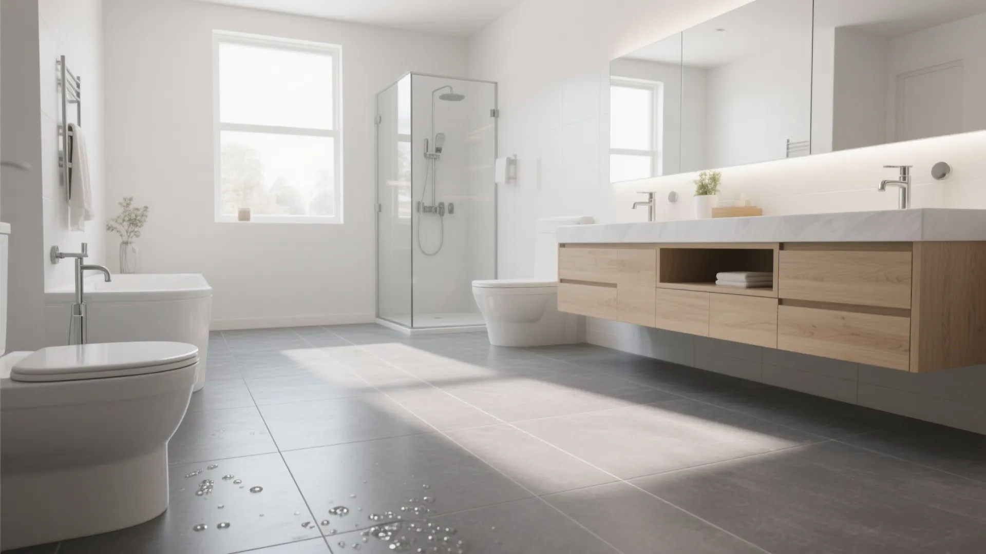Bright spacious bathroom featuring wooden double sink cabinet white bathtub glass shower and grey floor