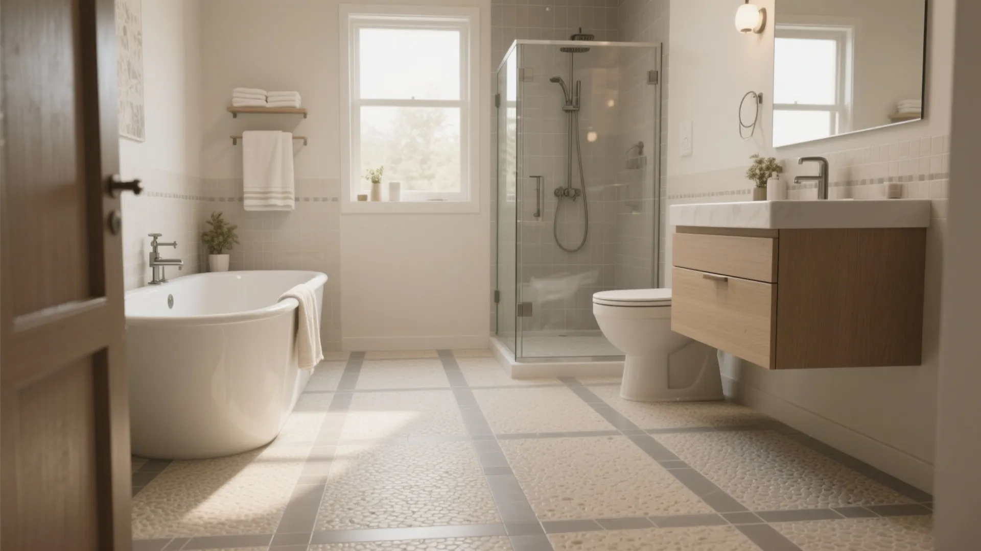 R11 textured porcelain rough tiles for bathroom floor, family-friendly grip in a modern bath.