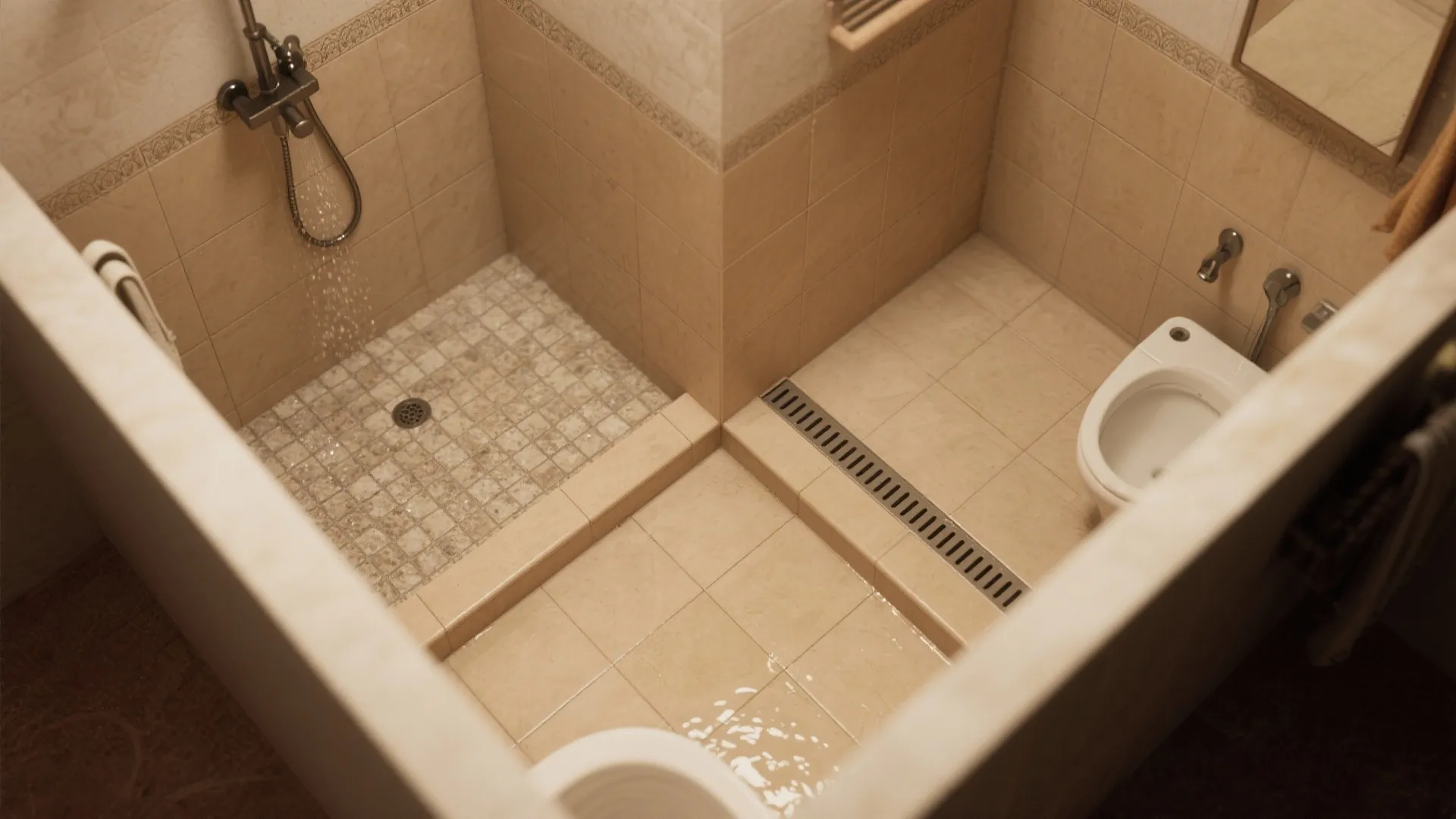 Modern bathroom interior design drawing with beige tiles a walk-in shower and a white toilet