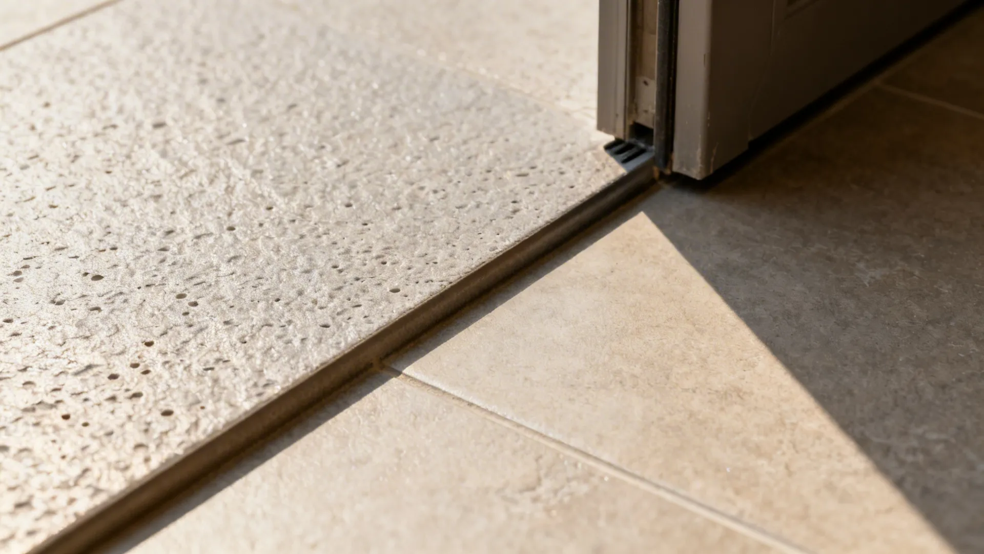 Macro of outdoor textured tile meeting indoor matte tile at a clean threshold.