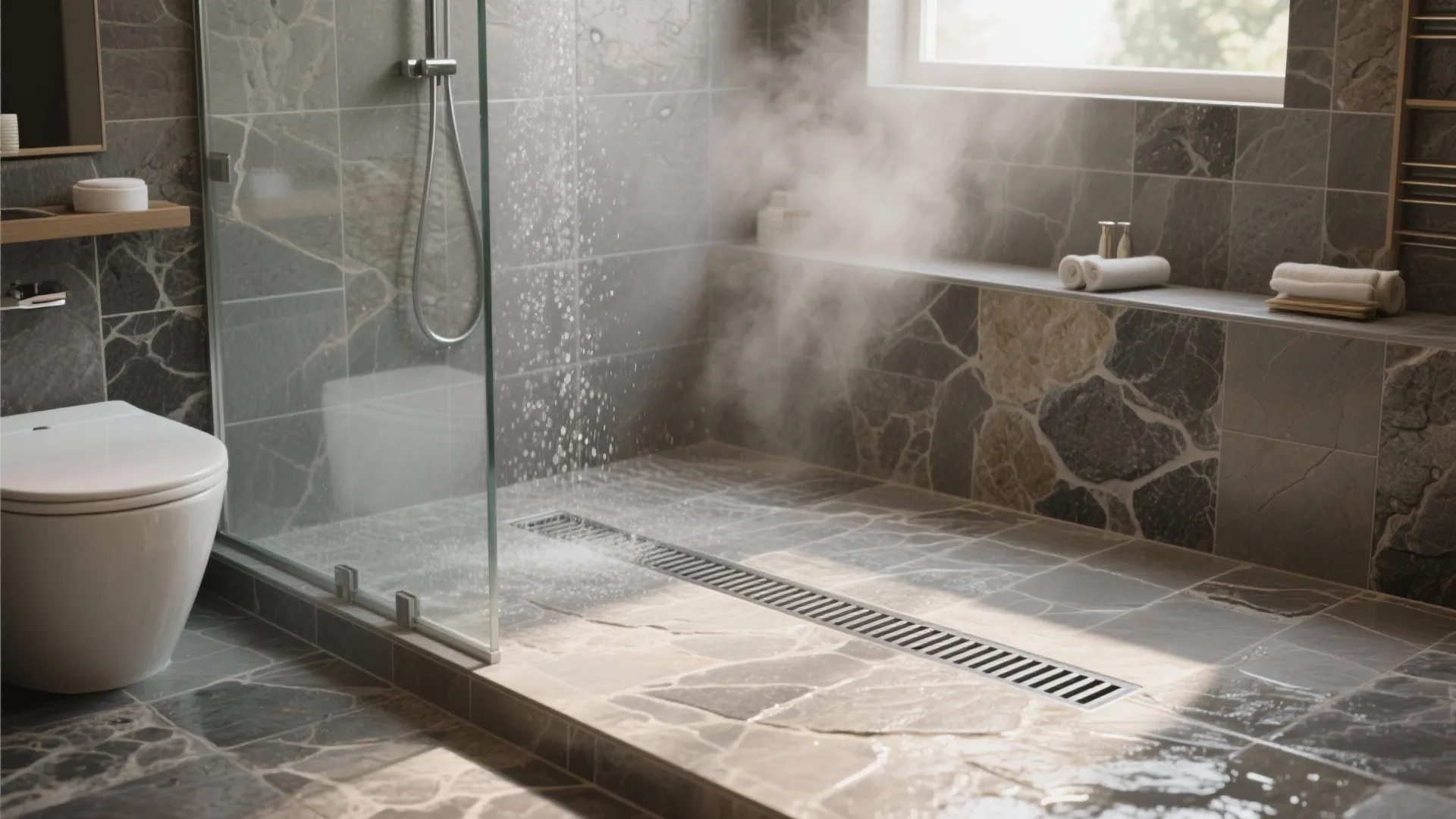 Steamy bathroom with grey stone walls running shower head white toilet and towels on wooden shelf