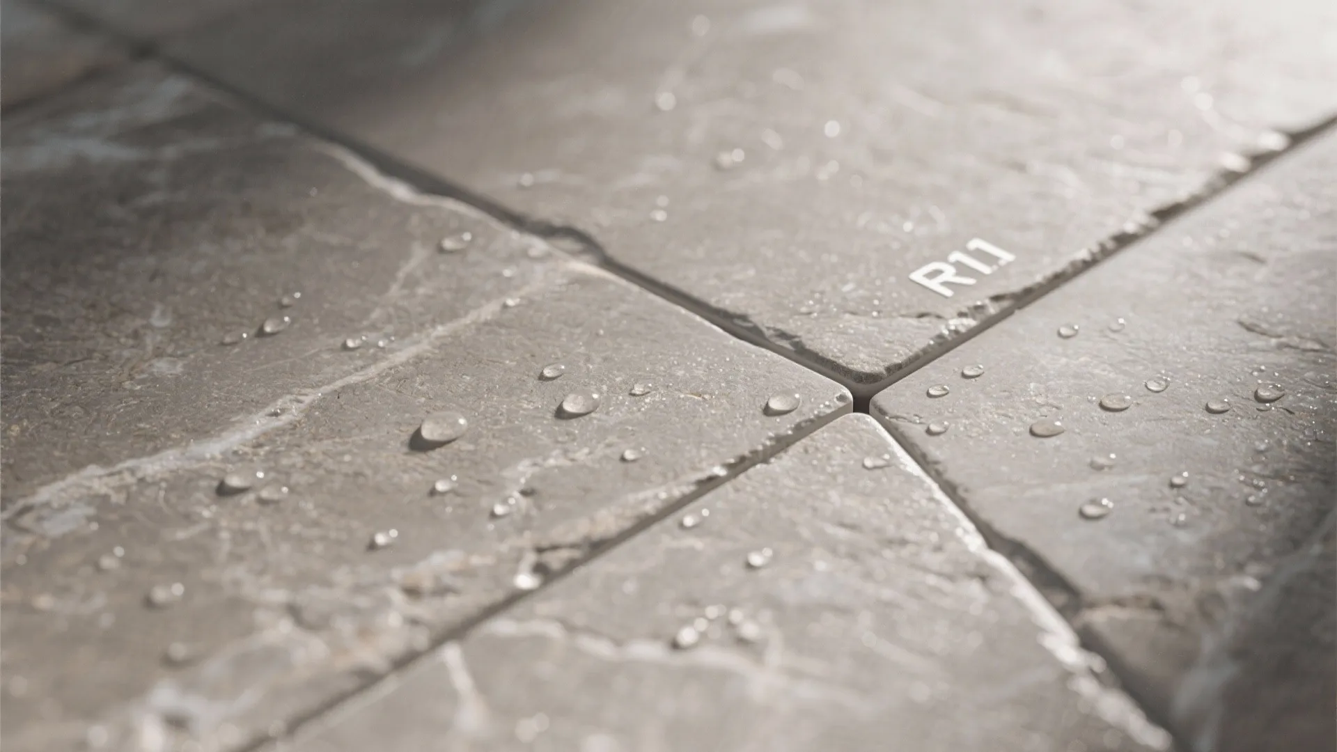Close up view of stone floor tiles with water drops and slip resistance label text