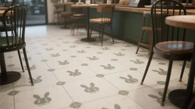 Playful Café Interior with Rabbit Pattern Tiles
