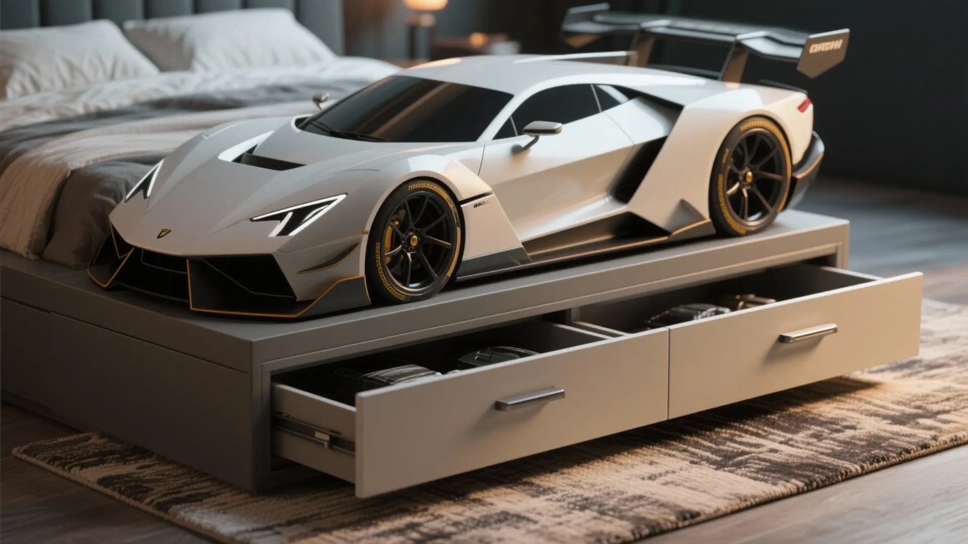 1. Low-profile race car bed with hidden storage