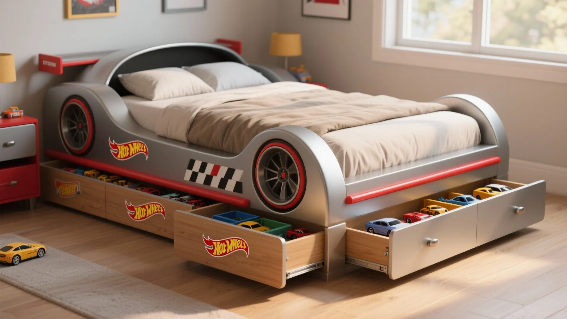 Silver car shaped bed with storage drawers full of toy cars in a bright bedroom