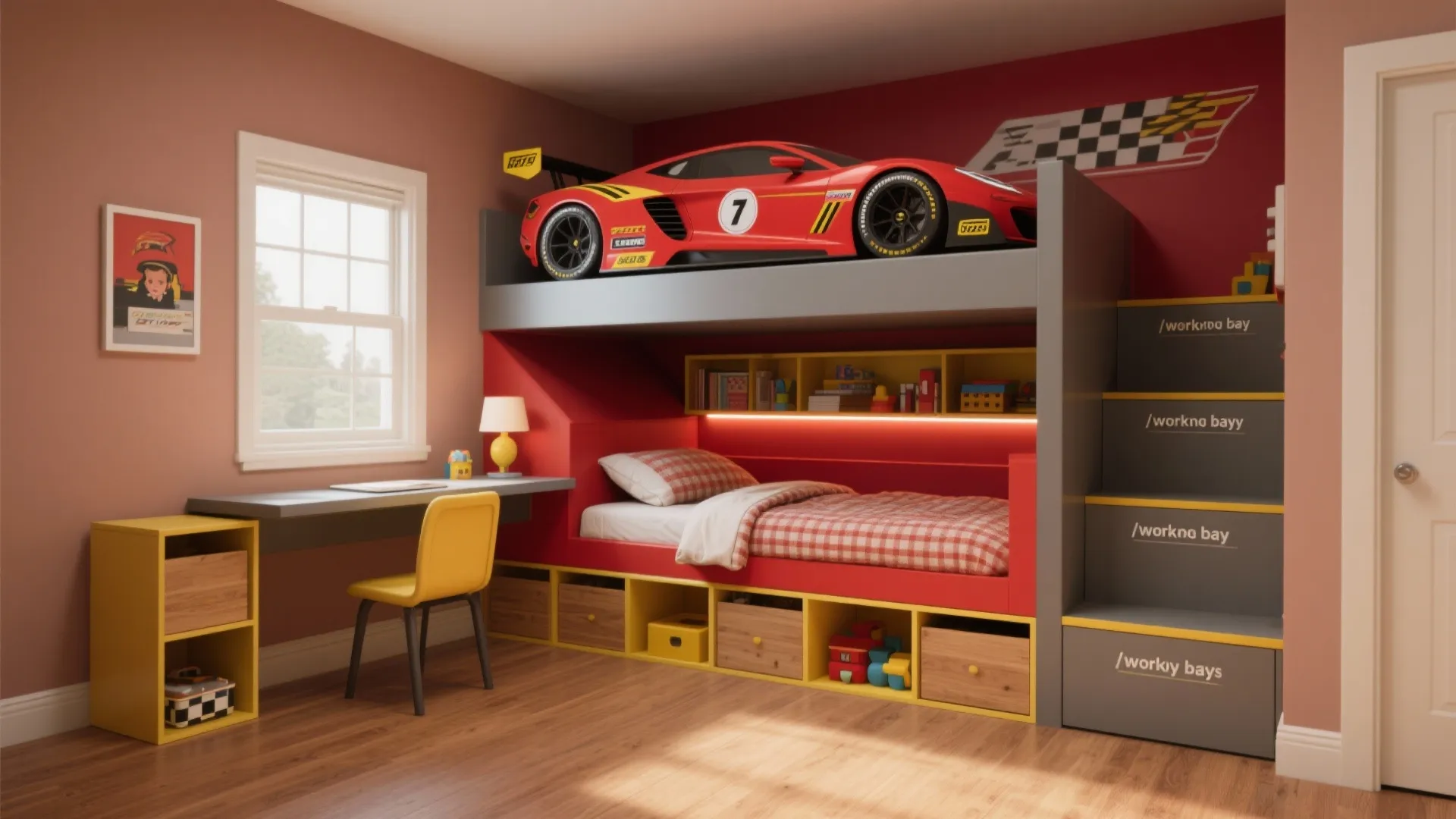 Red race car bunk bed with yellow desk and chair inside a themed child bedroom