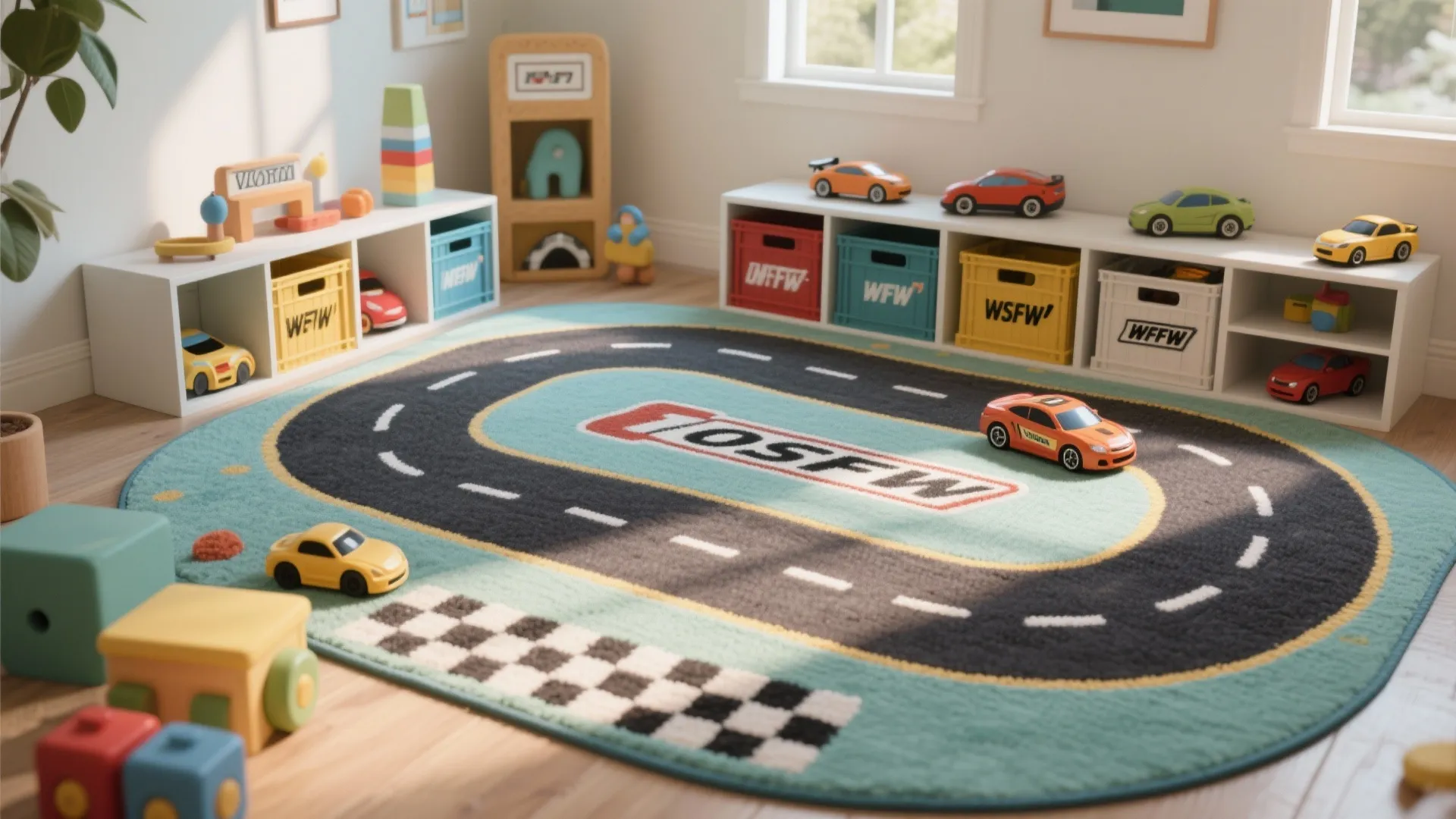 2. Race-Track Rug That Doubles as Play and Storage Zone
