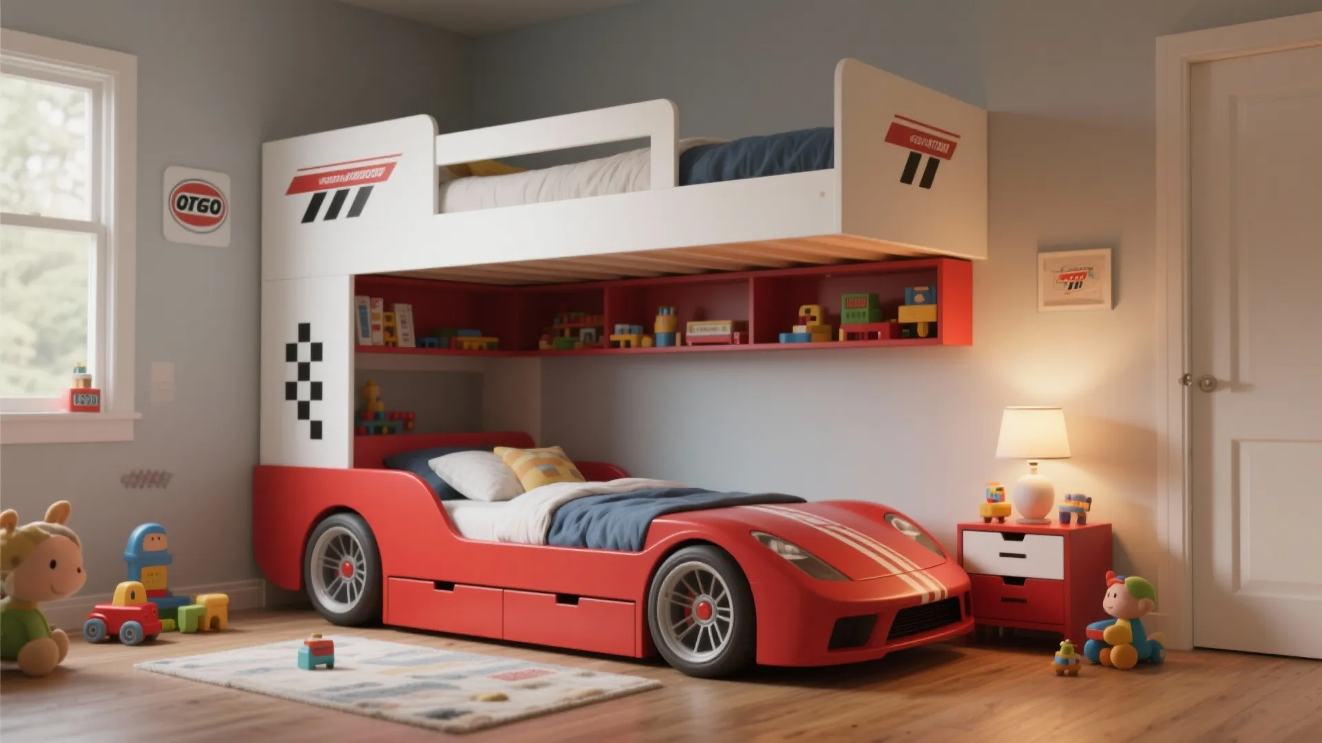 Red race car bed with white top bunk bed red wall shelves and small nightstand