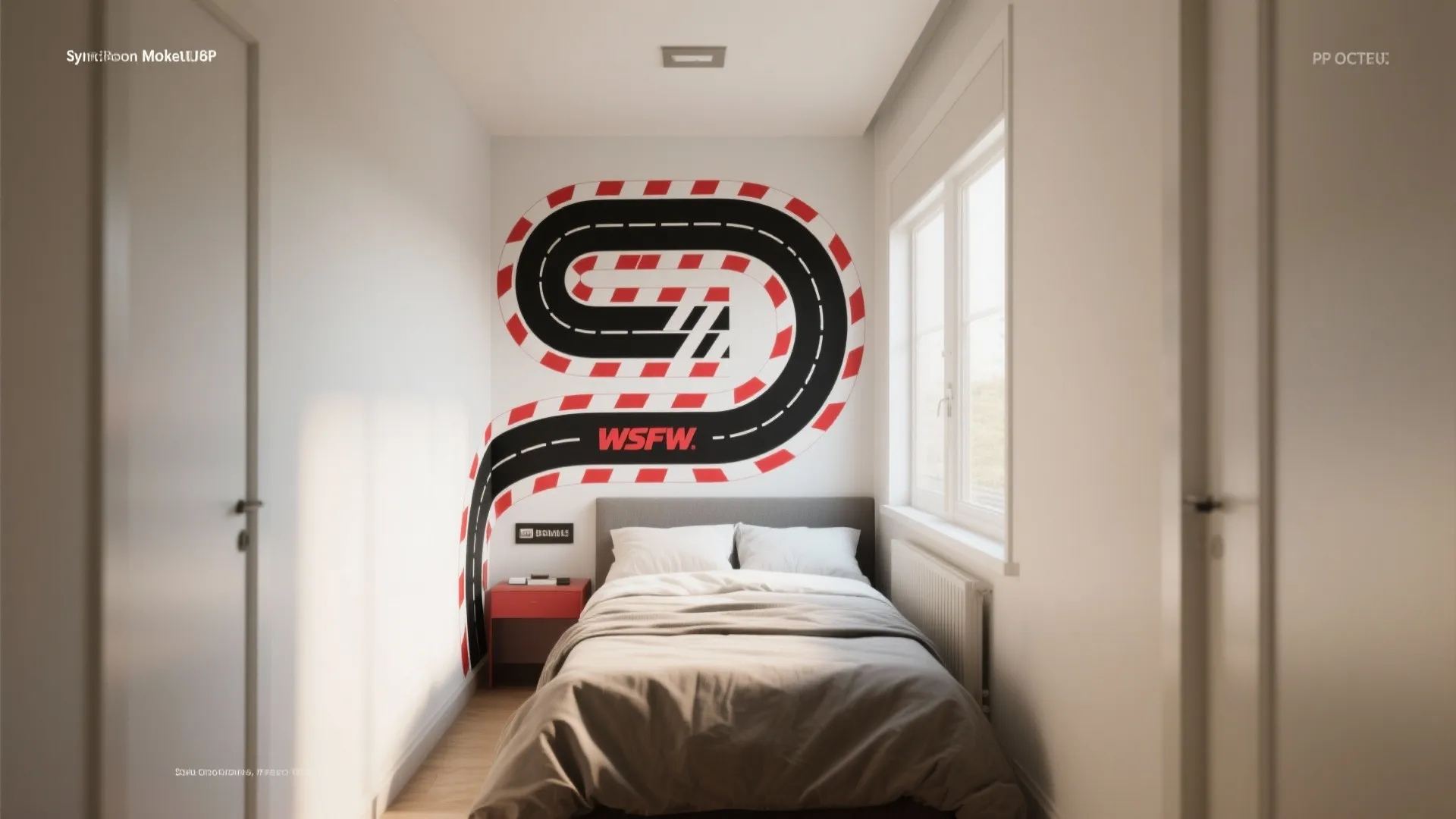 Swooping racetrack vinyl decal on a bedroom wall in a narrow layout.
