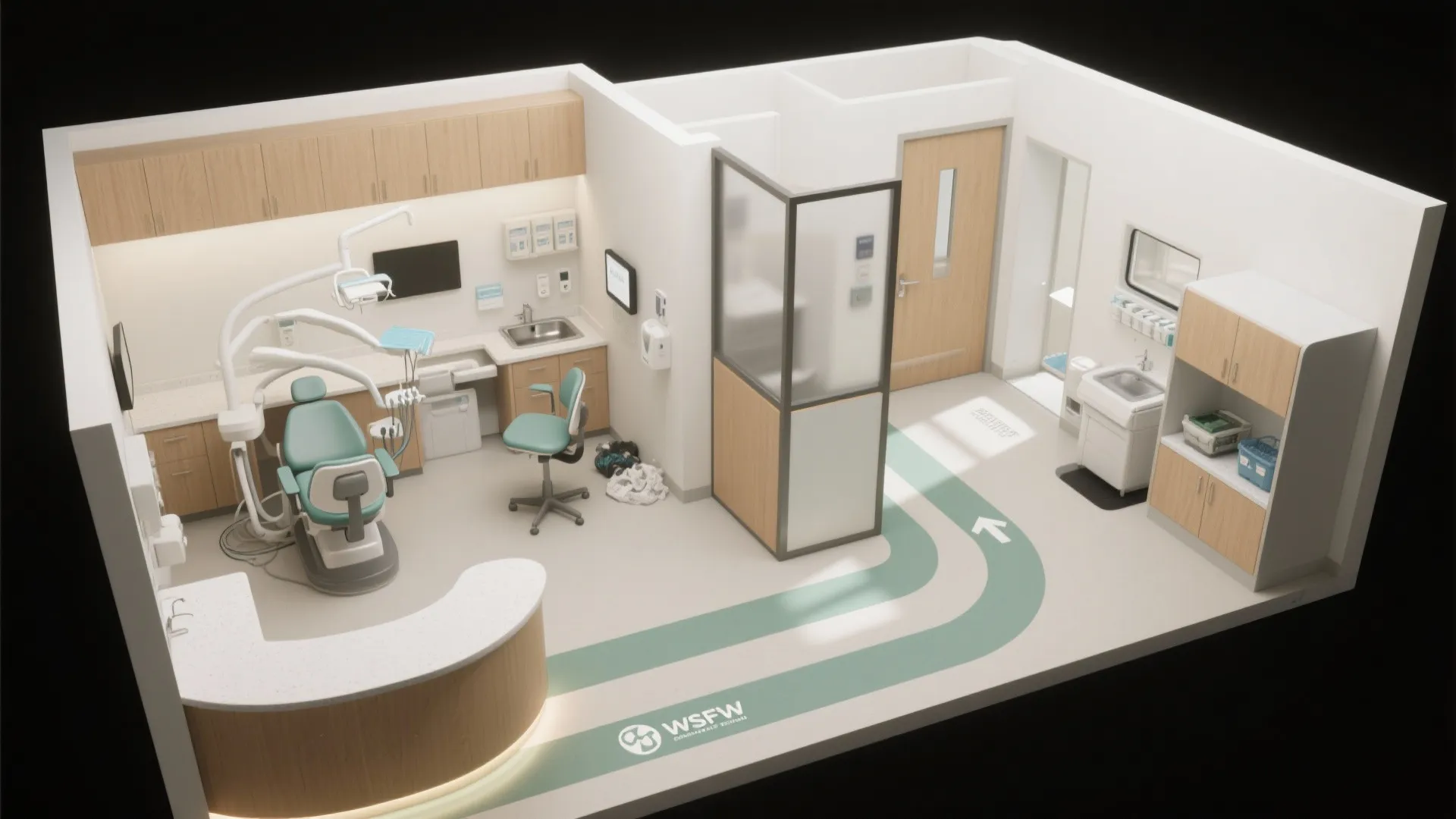 Interior design drawing of a clinic layout with curved floor path reception desk and dental chair