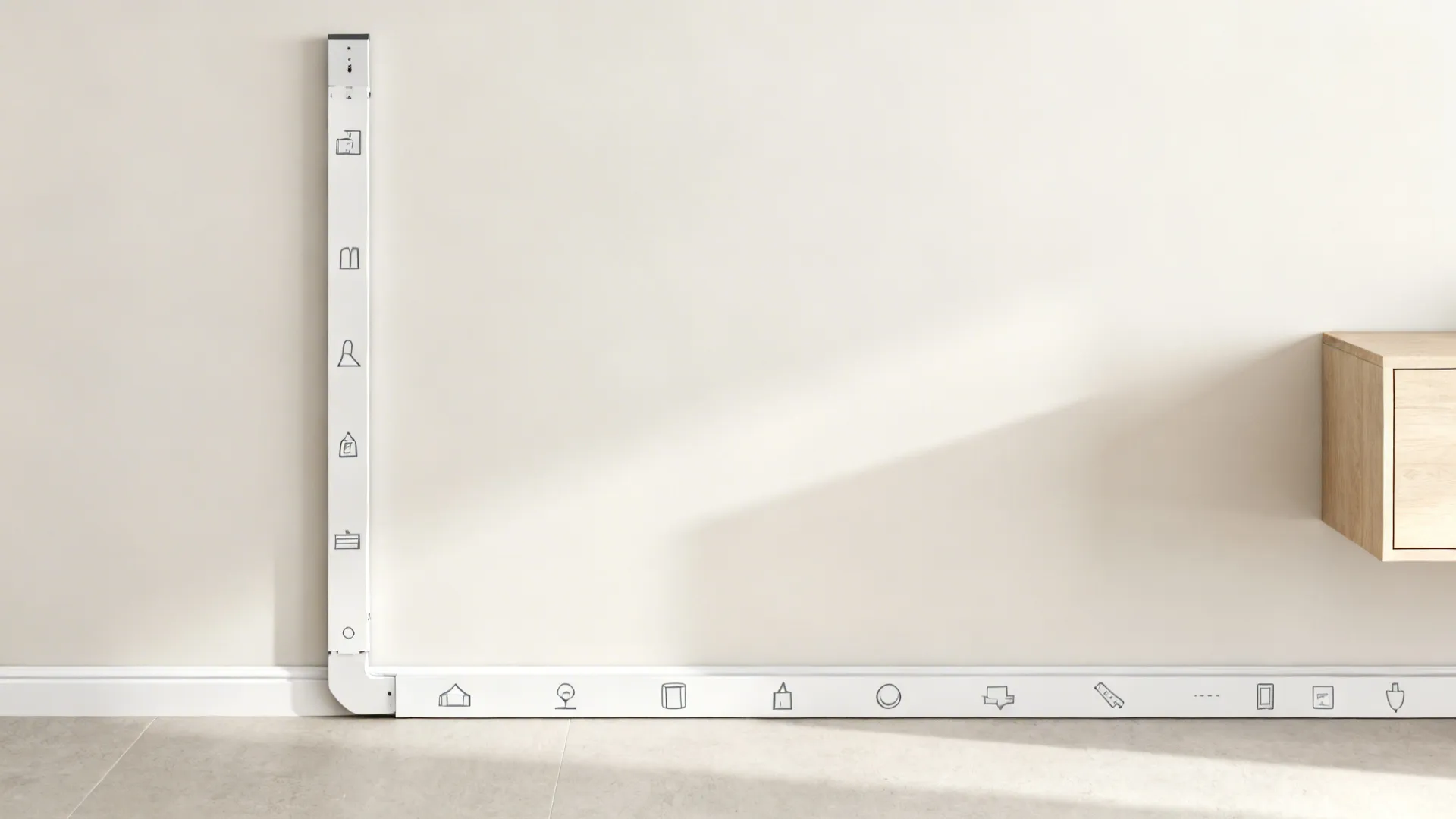 Top-down view showing a surface raceway path from TV down to and along the baseboard.