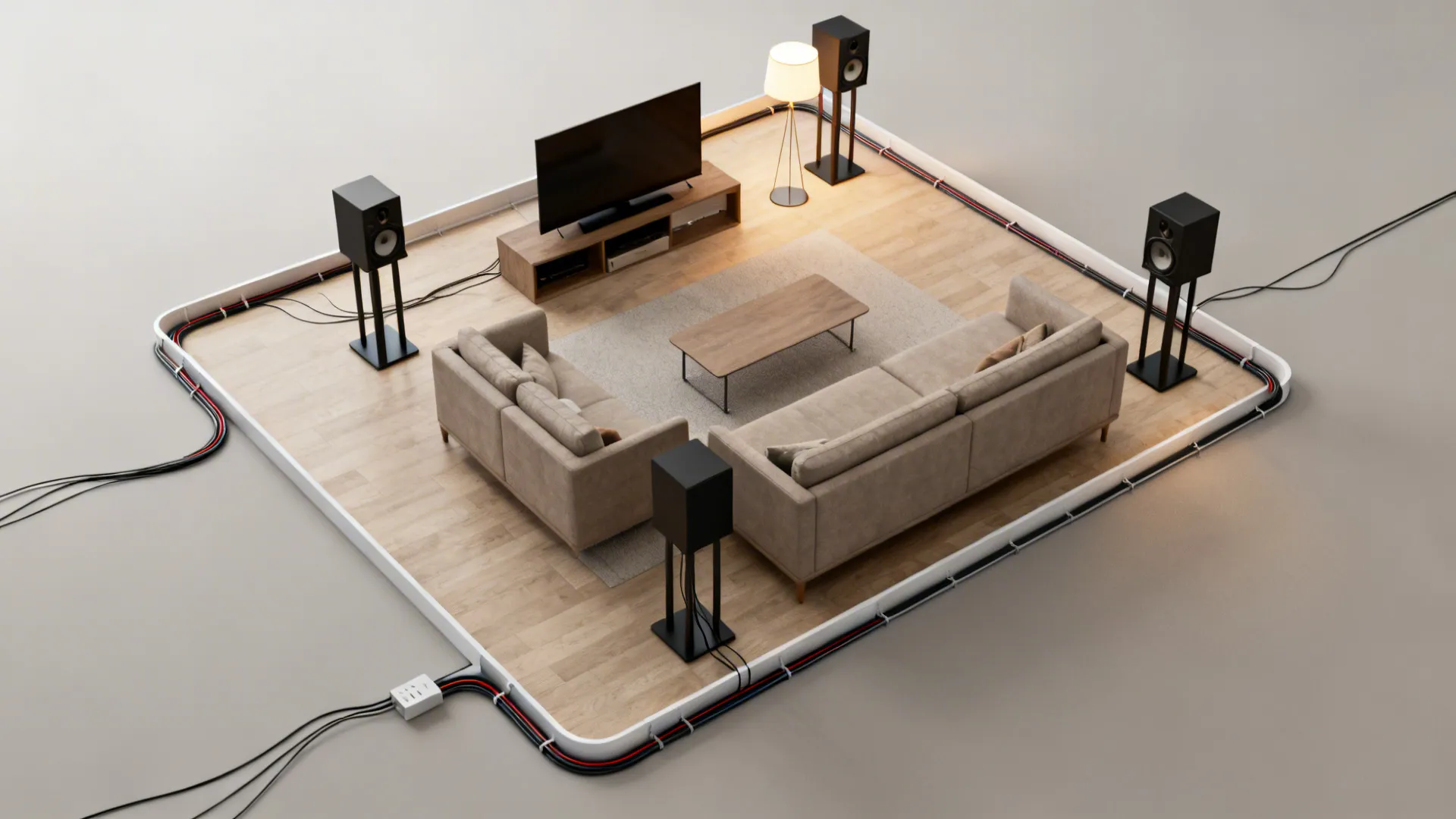 Top-down view mapping baseboard raceway paths to speakers and a lamp.