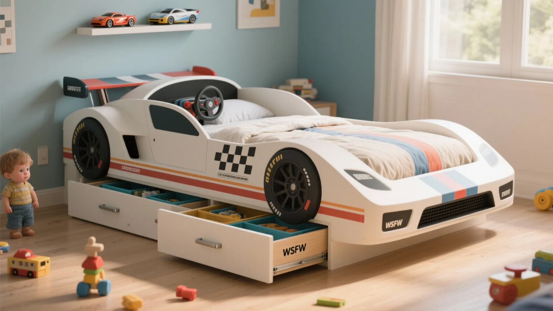 Race-car-shaped bed with integrated drawers and labeled storage bins under the chassis in a tidy kid's bedroom.
