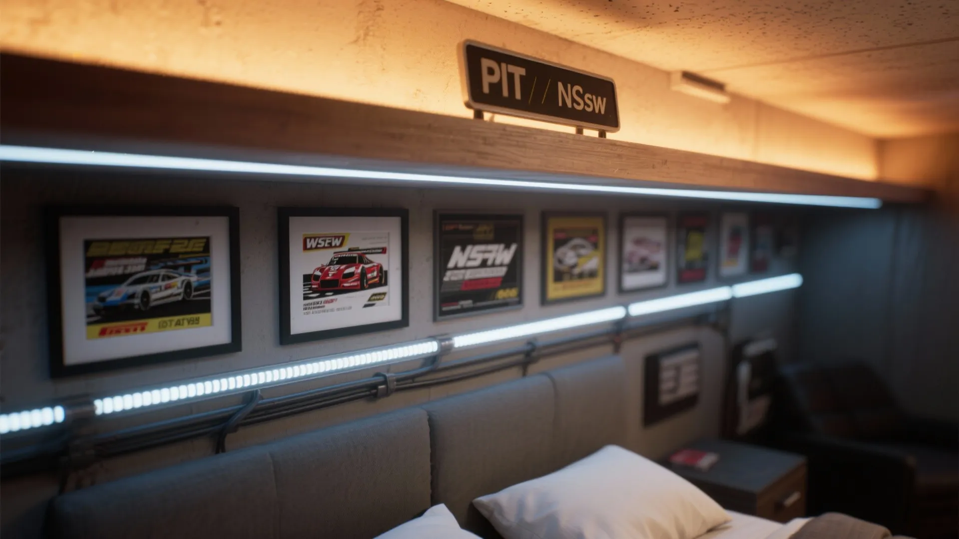 LED strip lighting under shelves creating a pit-lane glow with framed racing graphics.