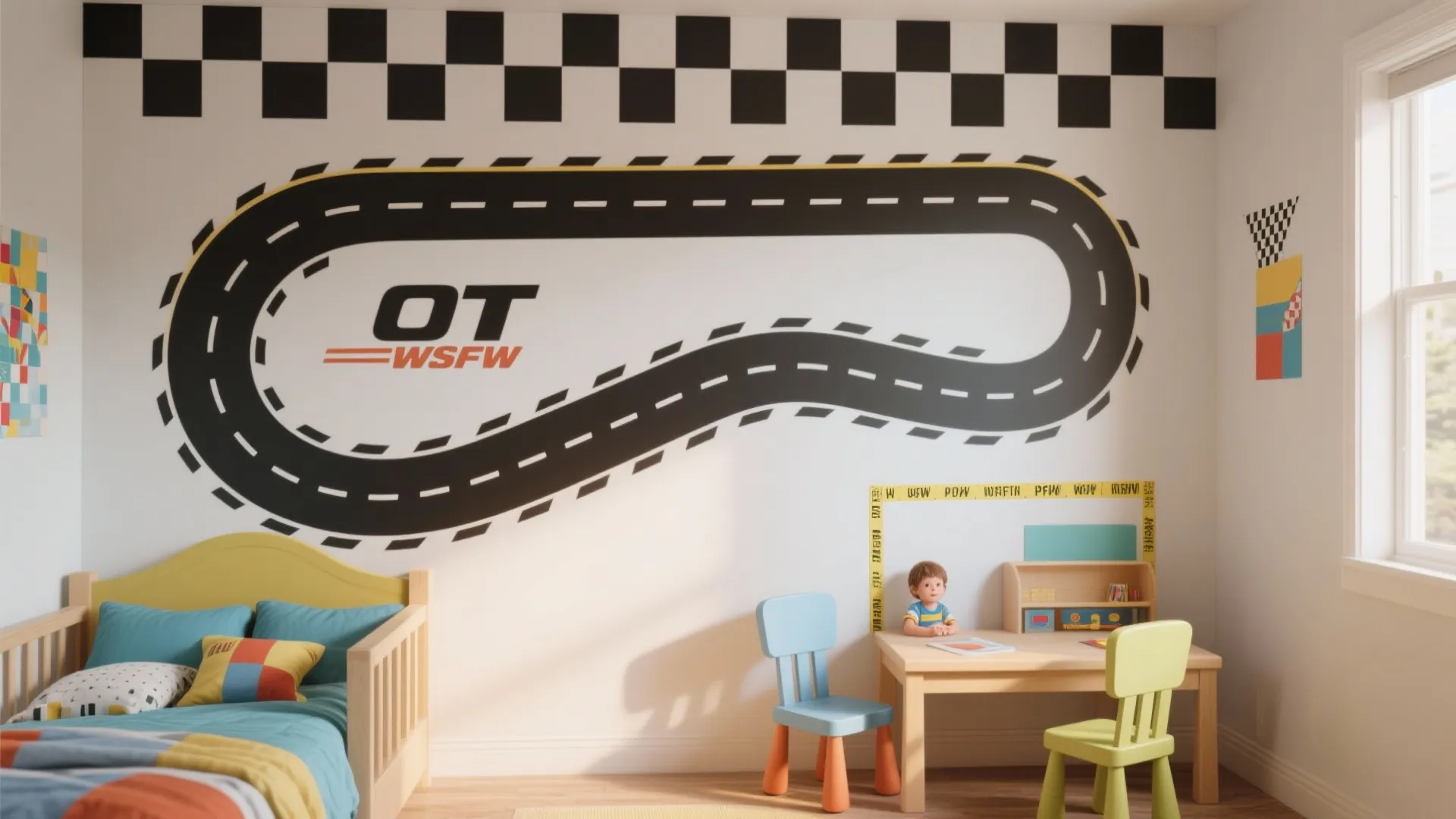 Feature wall with racing stripes and a subtle racetrack half-wall mural using removable decals.