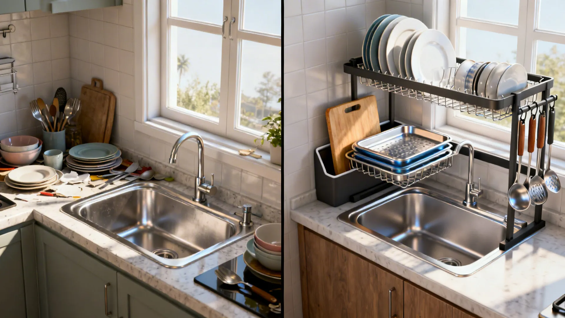 Before-and-after of a sink zone transformed by a two-tier over-sink rack.
