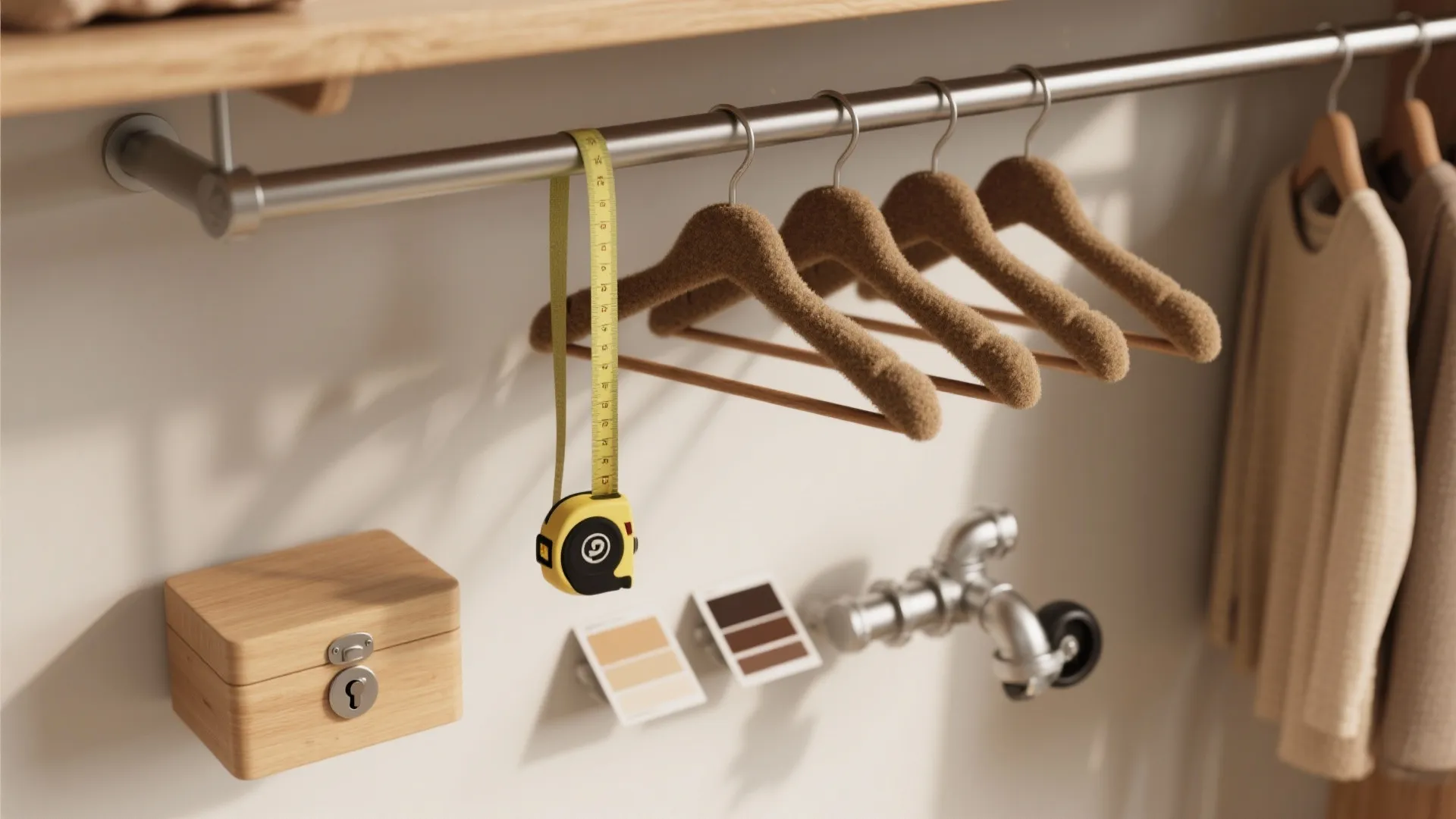 Close up of metal clothes rail with hangers yellow measuring tape wooden box and color swatches