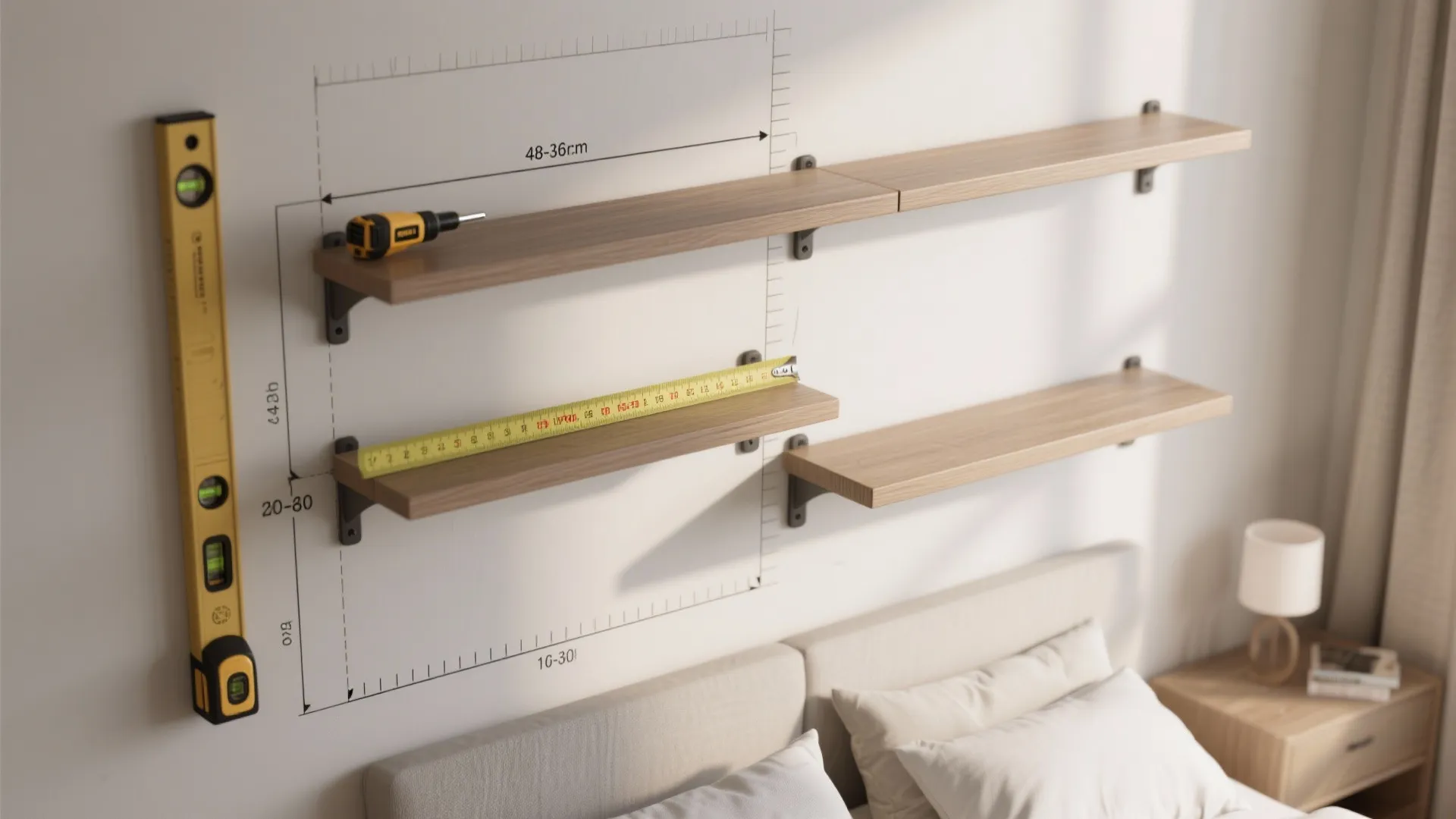 Top-down visual showing wall rack height guidelines, shelf reach, and stud spacing for safe mounting.