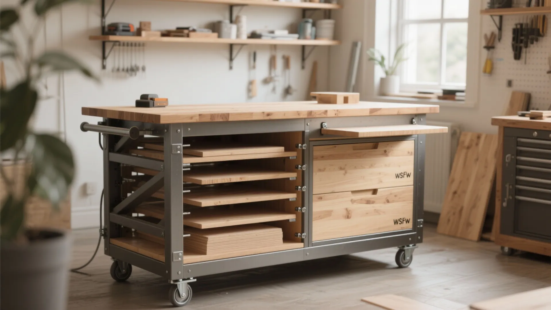 Compact rack-and-hinge workbench converted from a cart with plywood rack storage and deployed work surface.