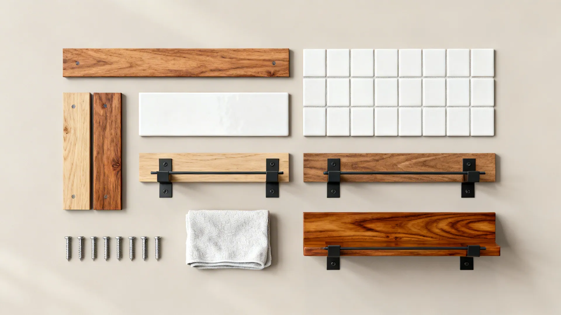 Flatlay of oak and ash planks, brackets, tiles, finish, and screws for open racks.