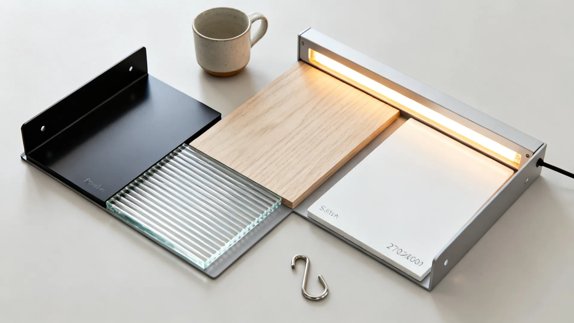 Flat lay of matte black metal, ribbed glass, pale ash wood, white paint, and warm LED diffuser.
