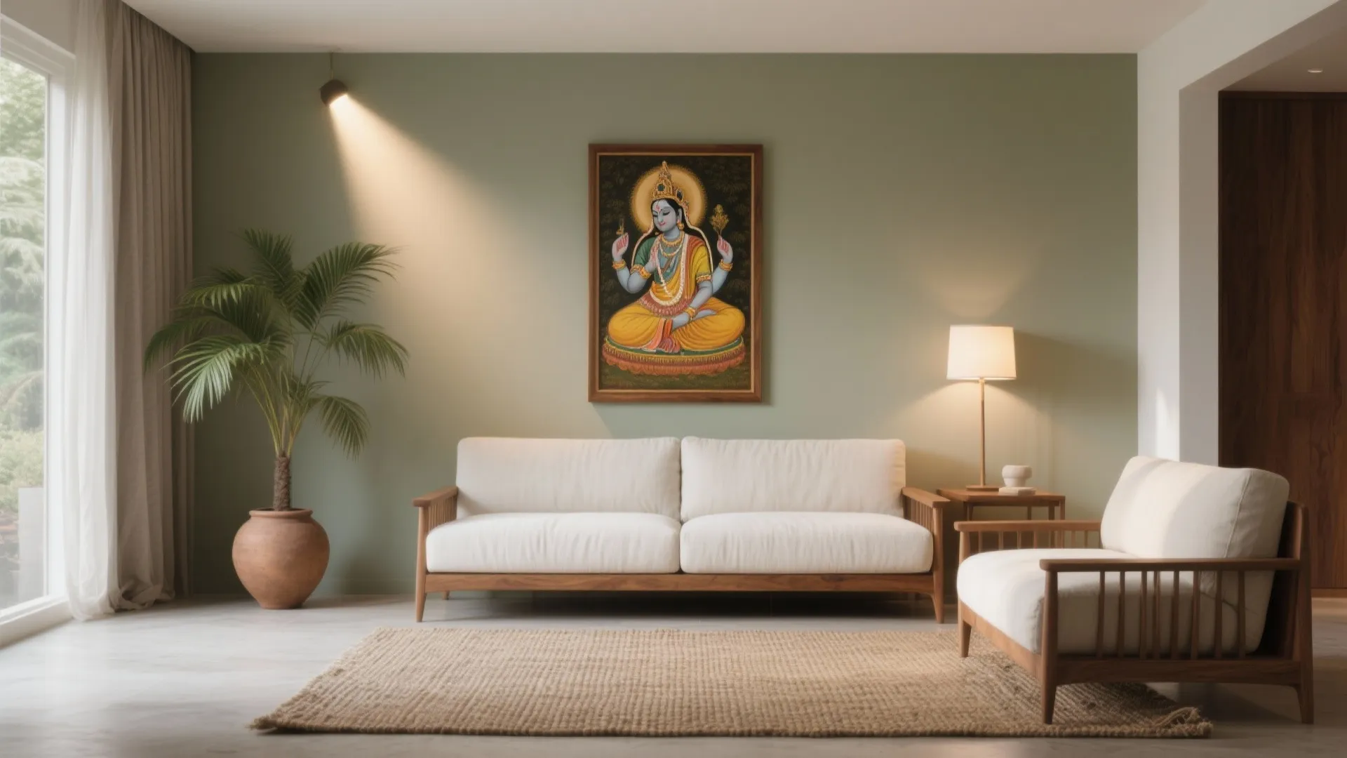 Modern green living room with white sofa wooden furniture large wall painting and indoor plant