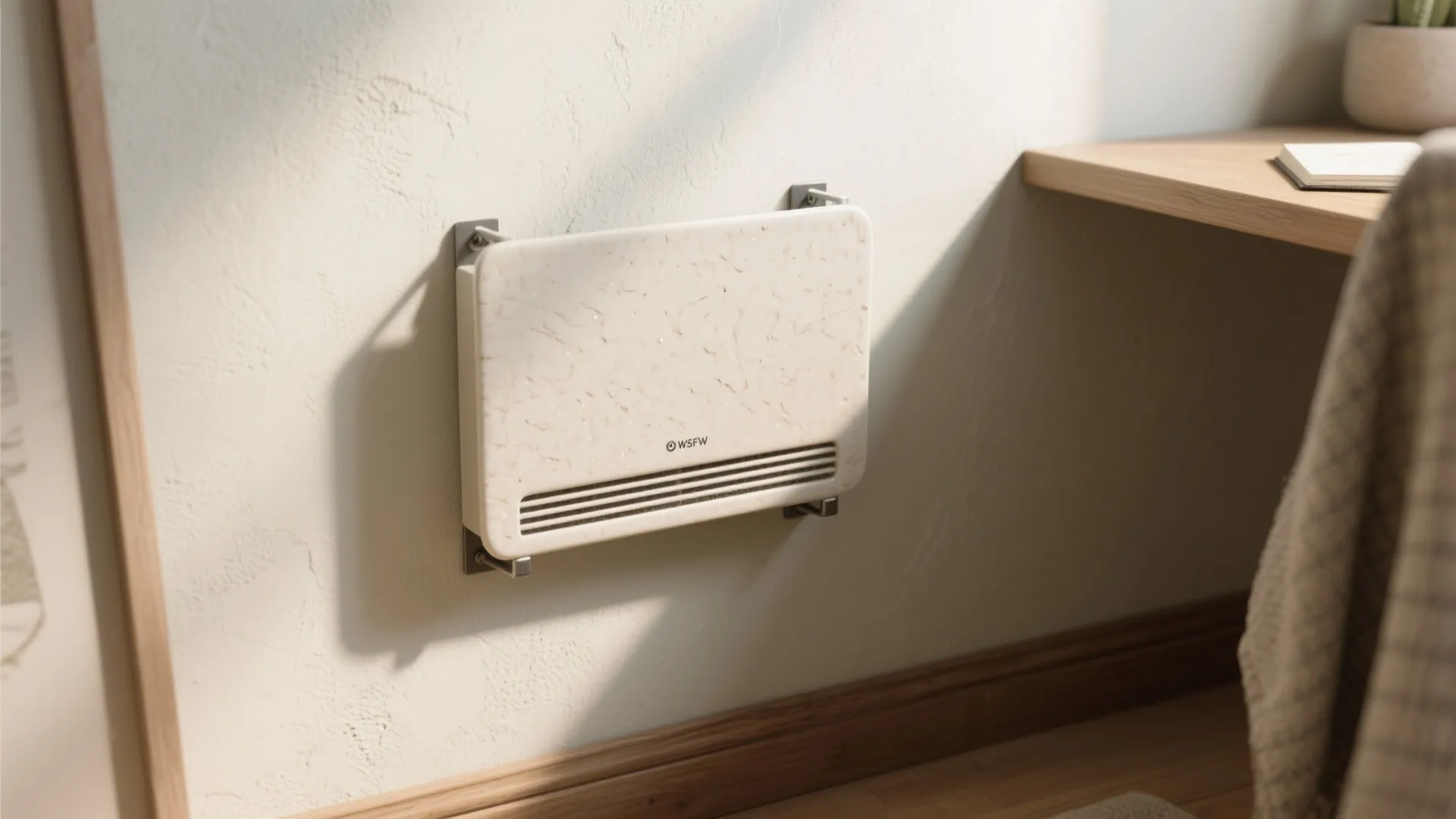 Close up view of a modern marble pattern heater mounted on a white textured wall