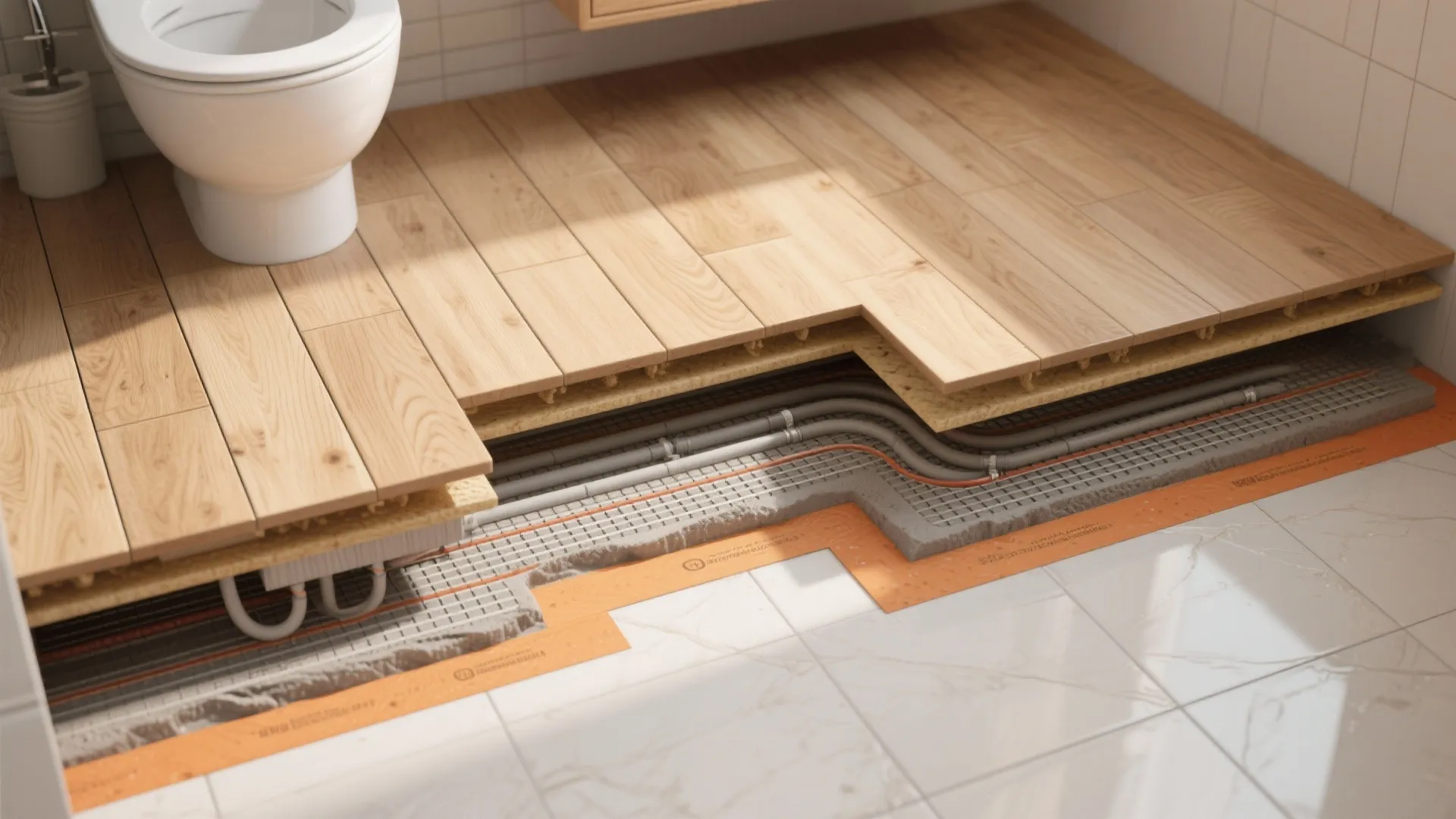 5) Warm Stone- or Wood-Look Porcelain with Radiant Heat