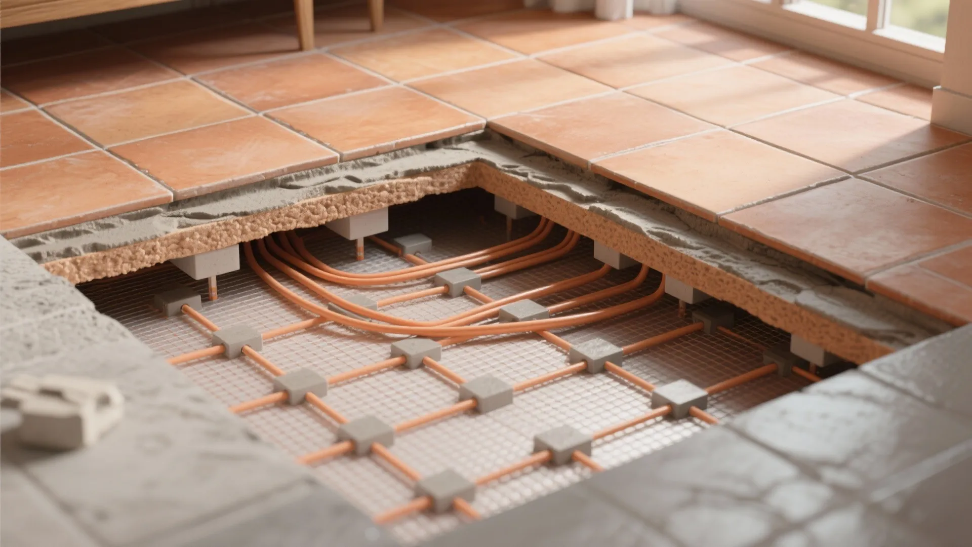 Top-down cutaway of radiant heating mat beneath terracotta tiles in a small bathroom.