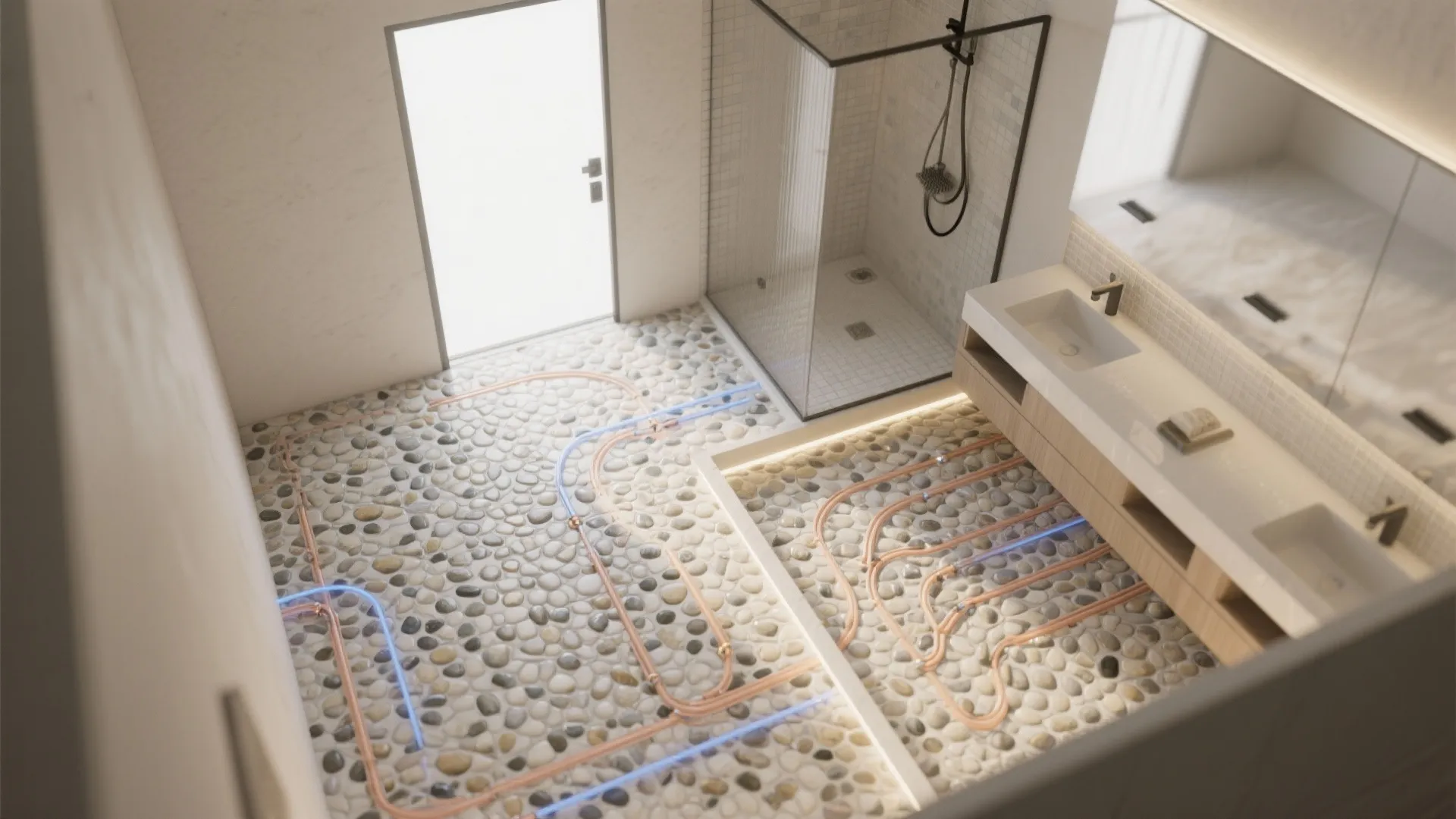 Bathroom interior design drawing showing floor heating pipes installed under a grey stone pebble floor