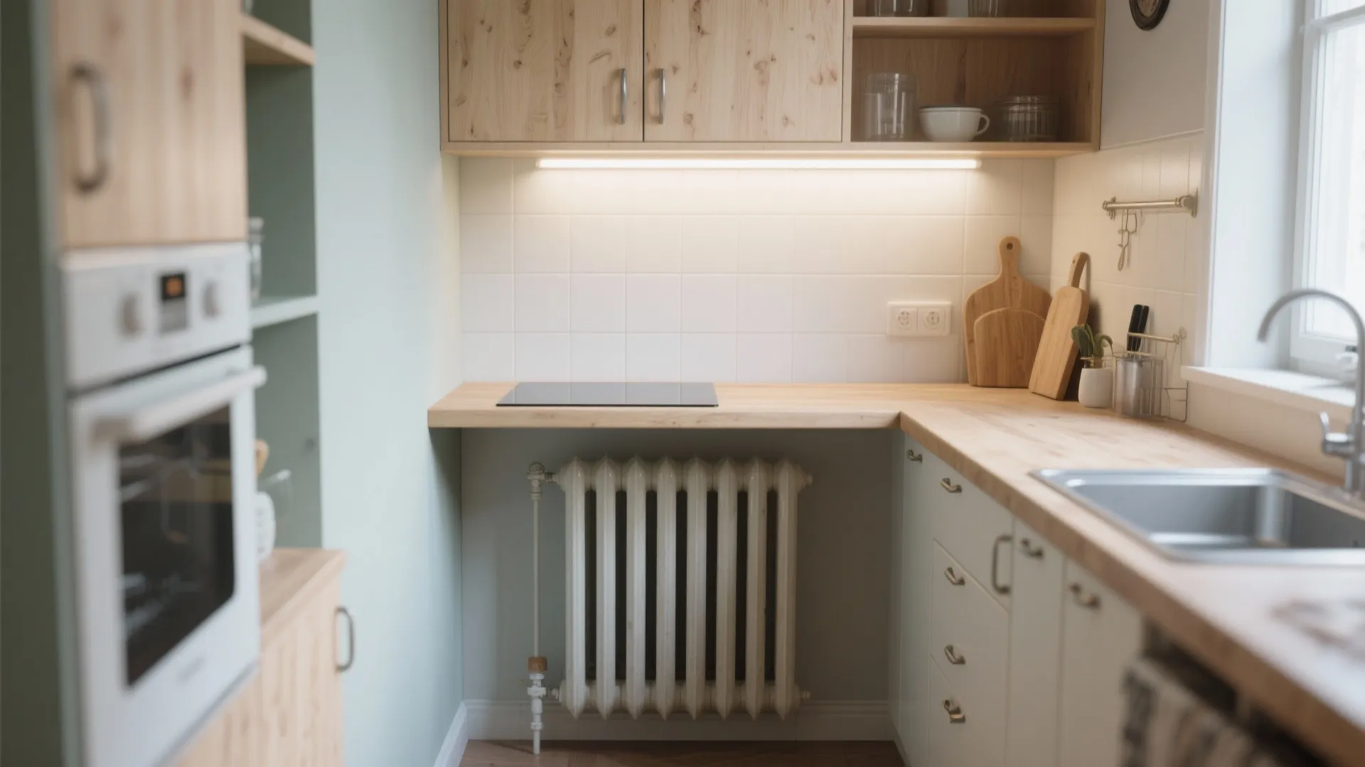 Small kitchen with white cabinets wooden countertop radiator oven sink light fixture and tiled wall
