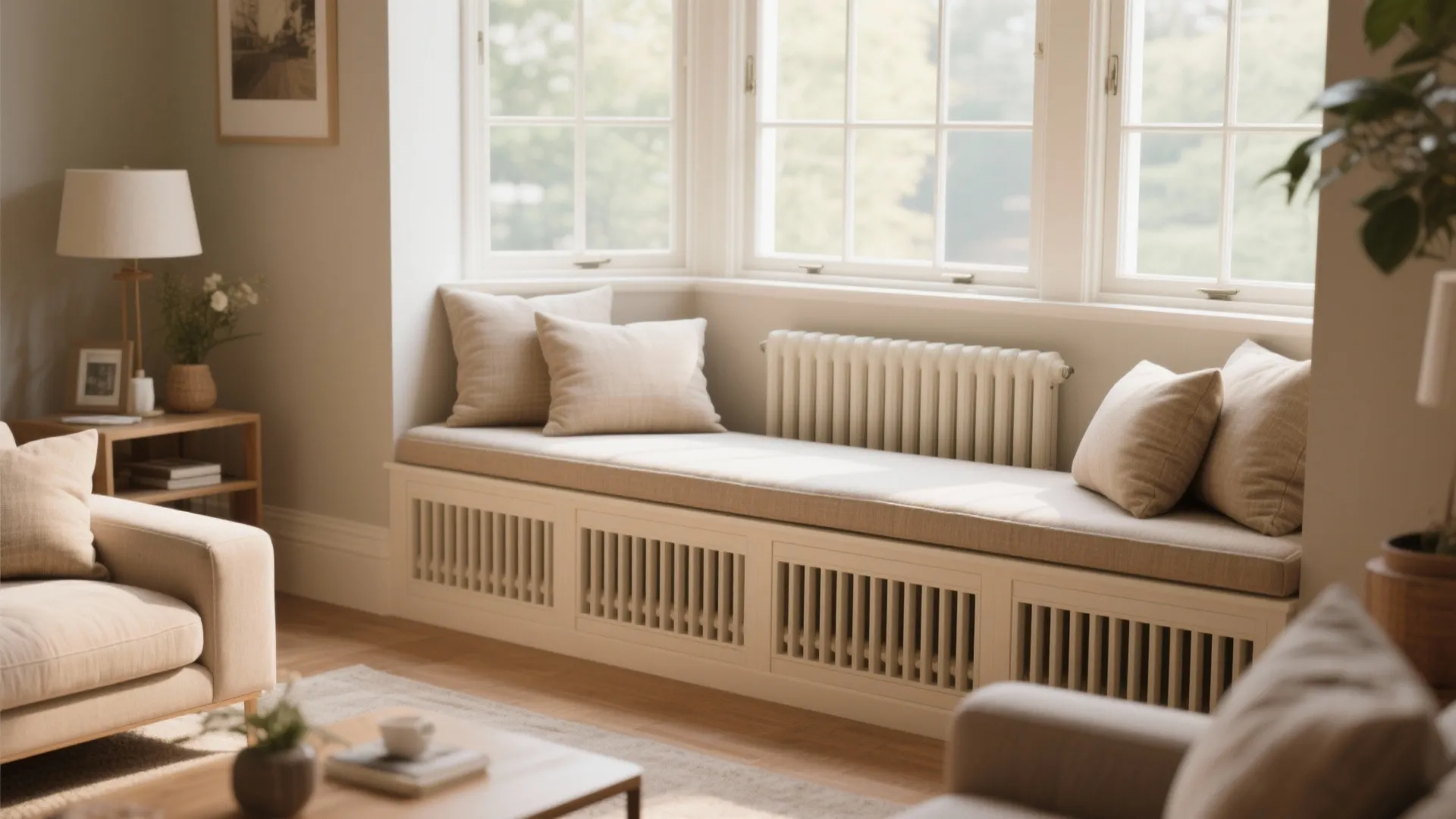 Built-in white window seat featuring a radiator cover and beige cushions in a bright room
