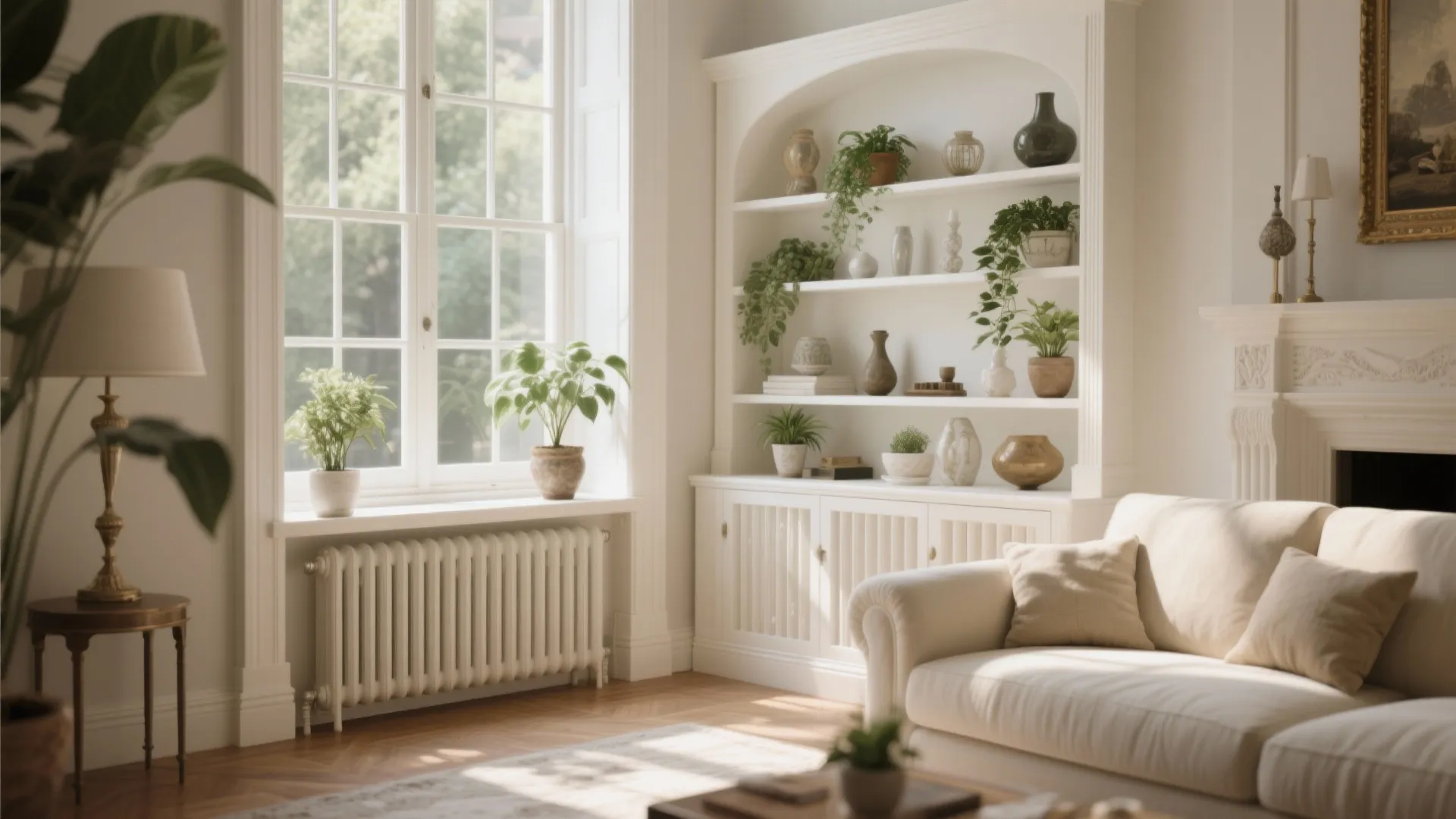 Bright living room with white cabinet shelves and potted plants next to a large window