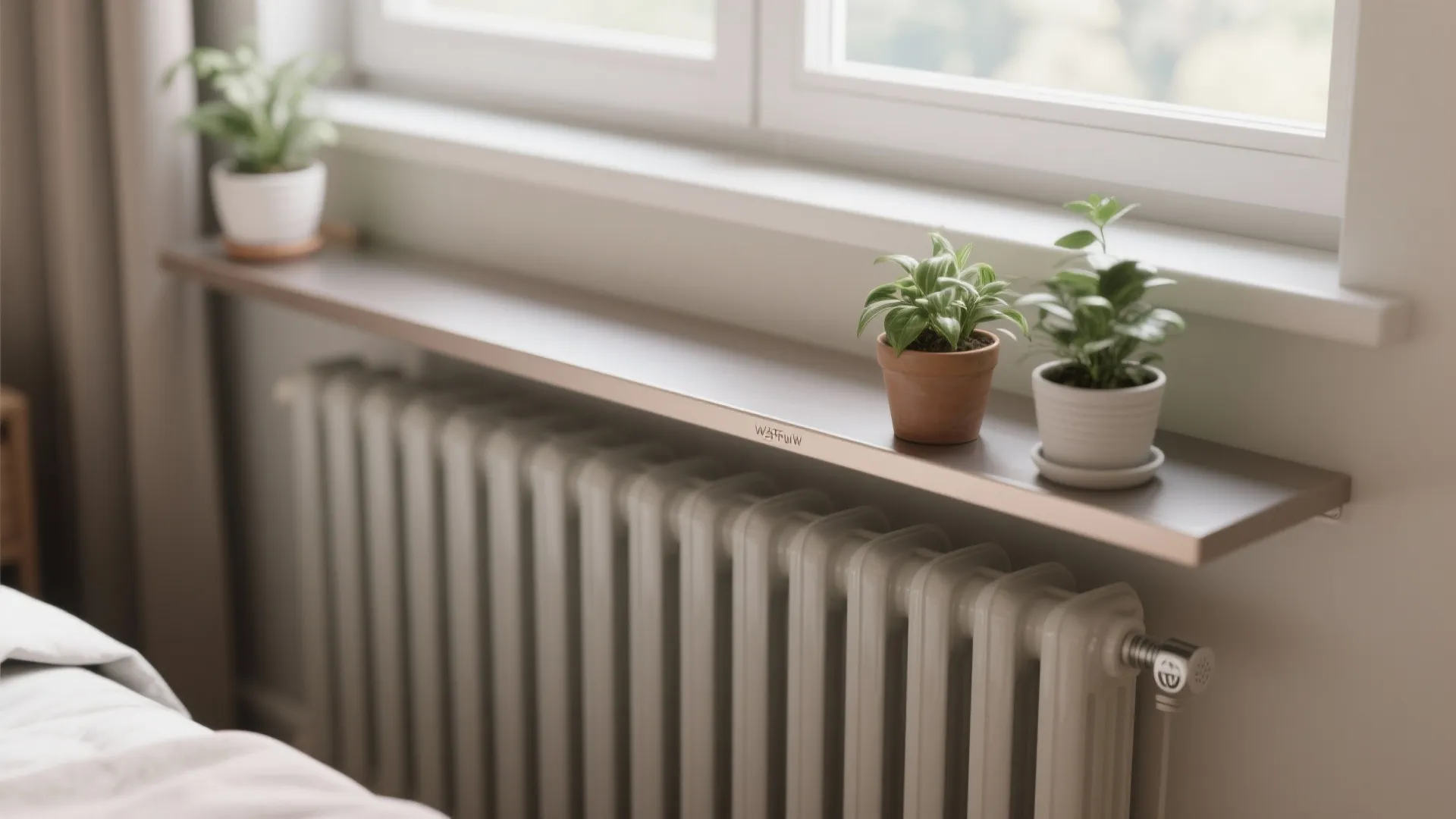 Small green plants in pots sitting on a wooden shelf above a white heater near window