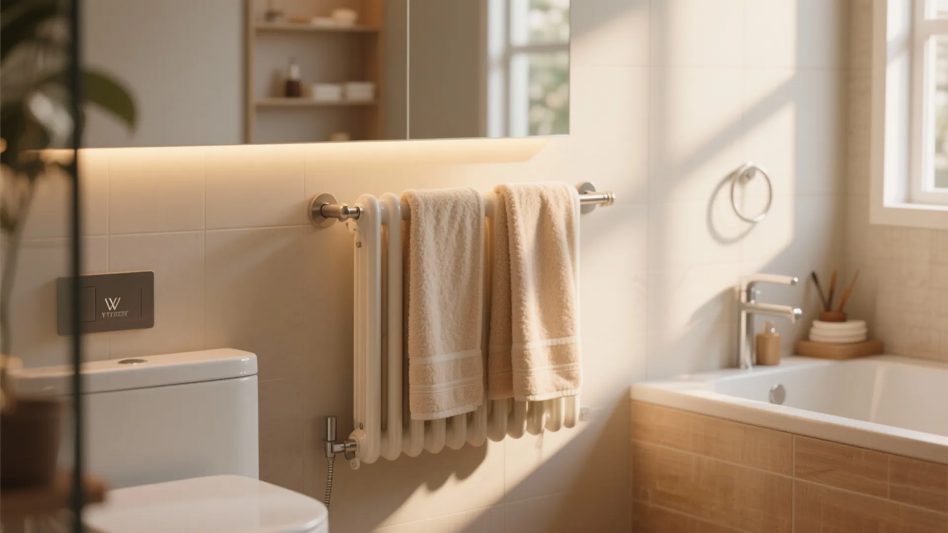 Modern bathroom with white wall heater holding two beige towels near toilet and wood bathtub