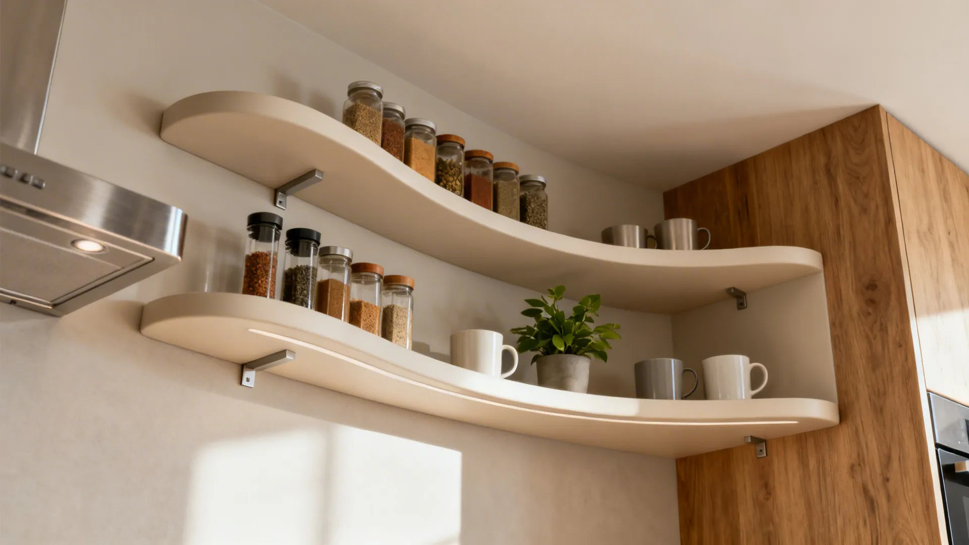 Curved radius corner shelves with matte finish create a smooth, modern kitchen nook.