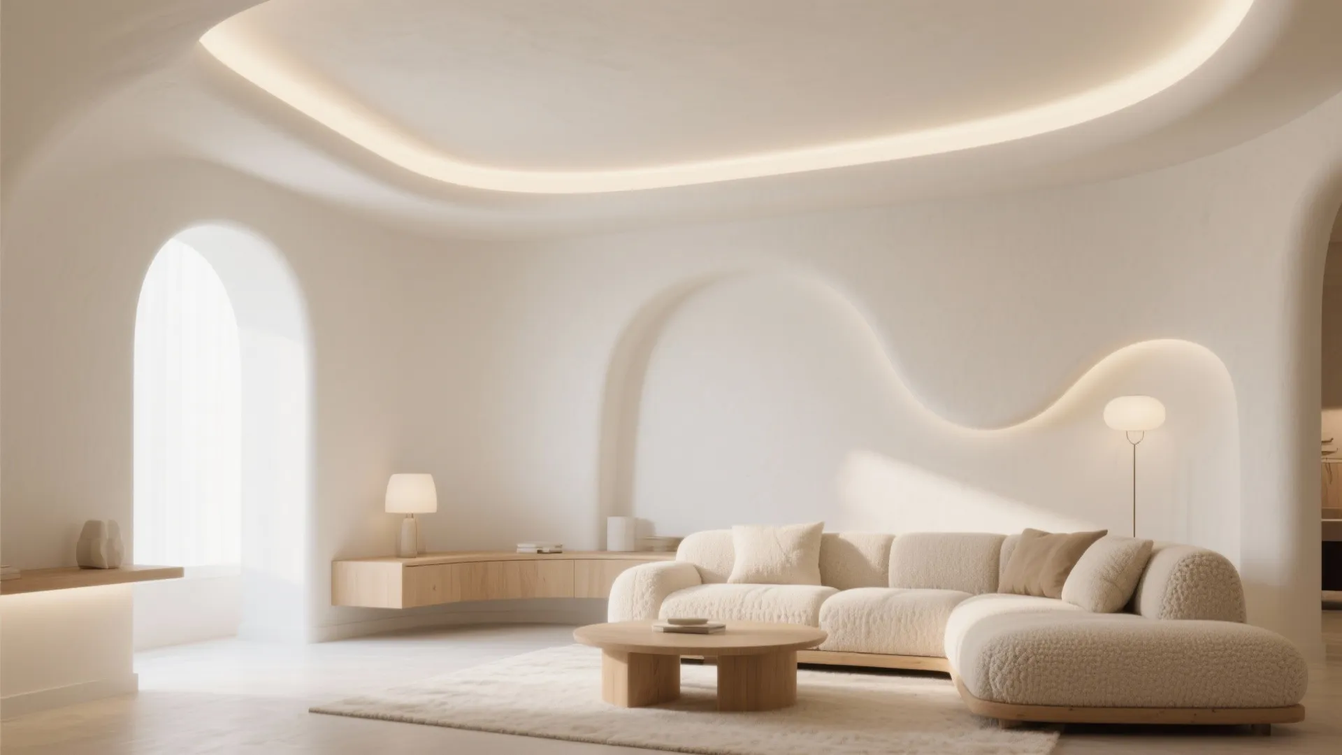 Minimalist living room featuring white sofa wooden coffee table curved wall design and warm lighting