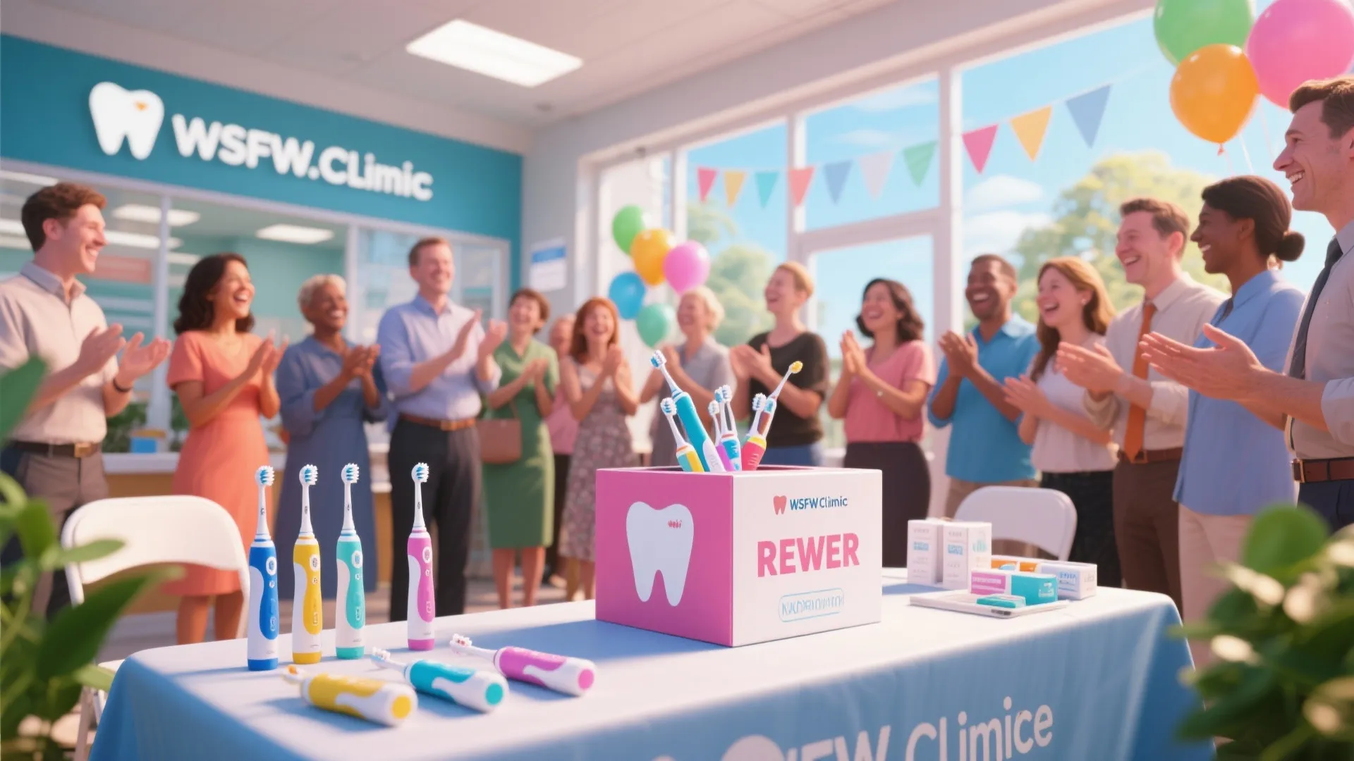 People clapping at a dental clinic event with colorful electric toothbrushes displayed on a table