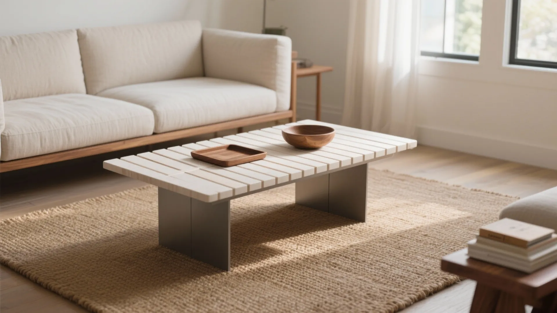 White wooden coffee table on a brown rug in a minimalist living room with sofa