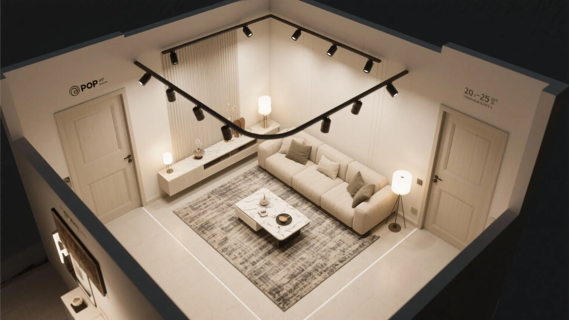 Top view interior design drawing of living room with sofa rug coffee table and track lights