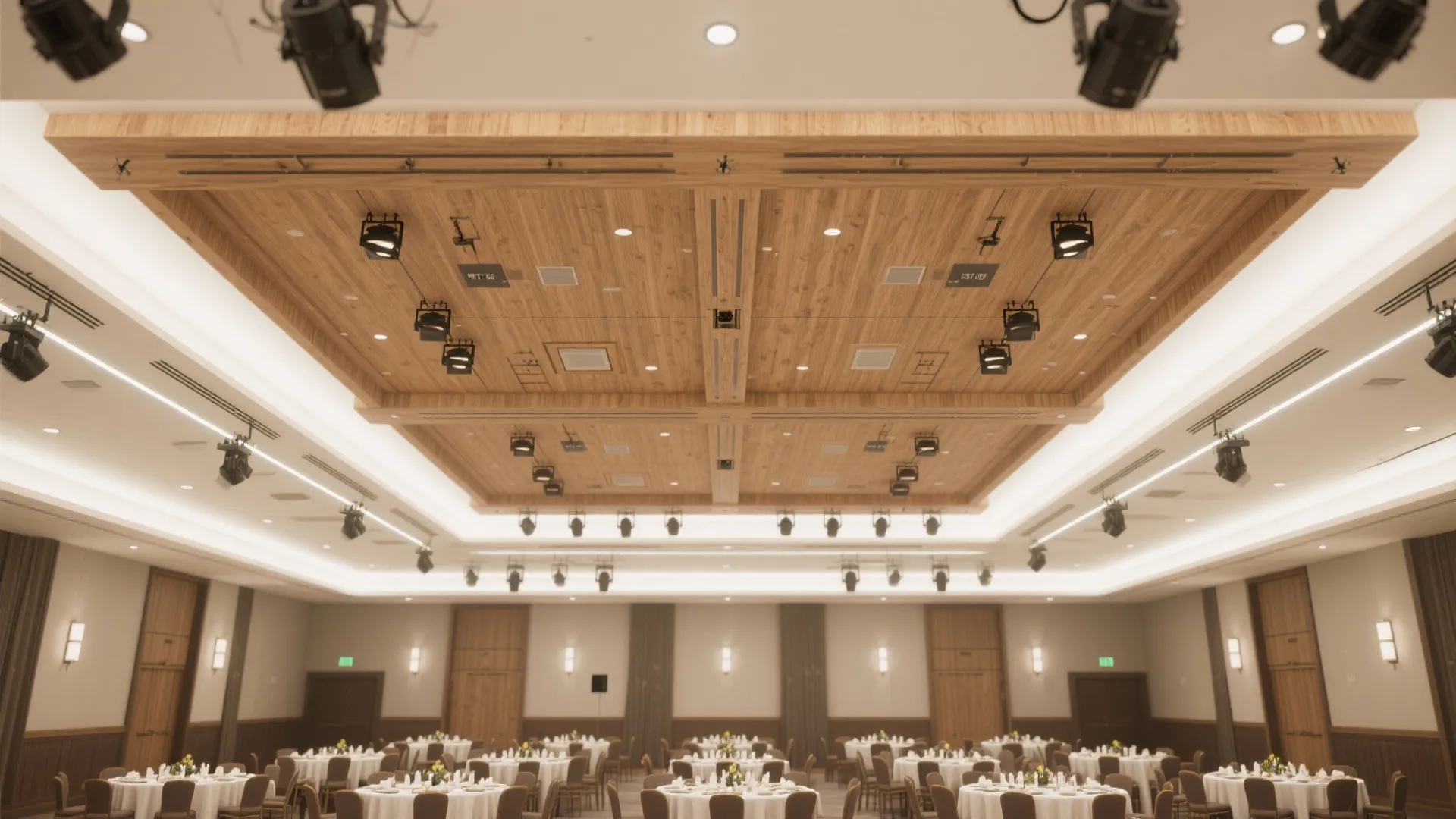 Large banquet hall with wood ceiling light fixtures round tables white tablecloths and many chairs