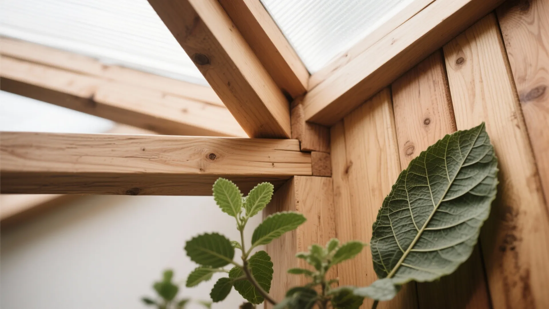 Natural wood ceiling beams and wall panels with green plant leaves growing in the room