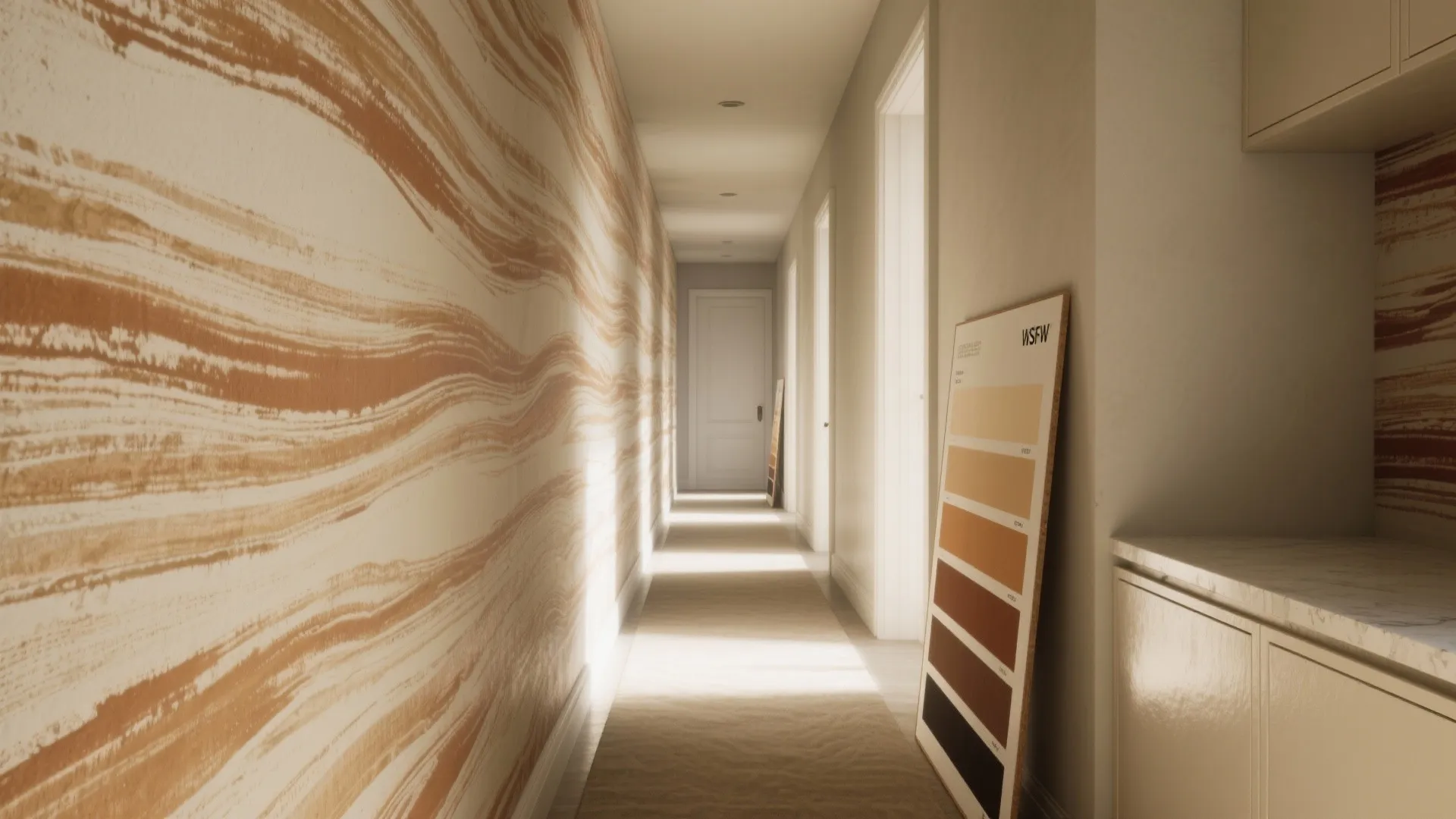 Long hallway with orange wavy wall patterns showing a white door and color sample board