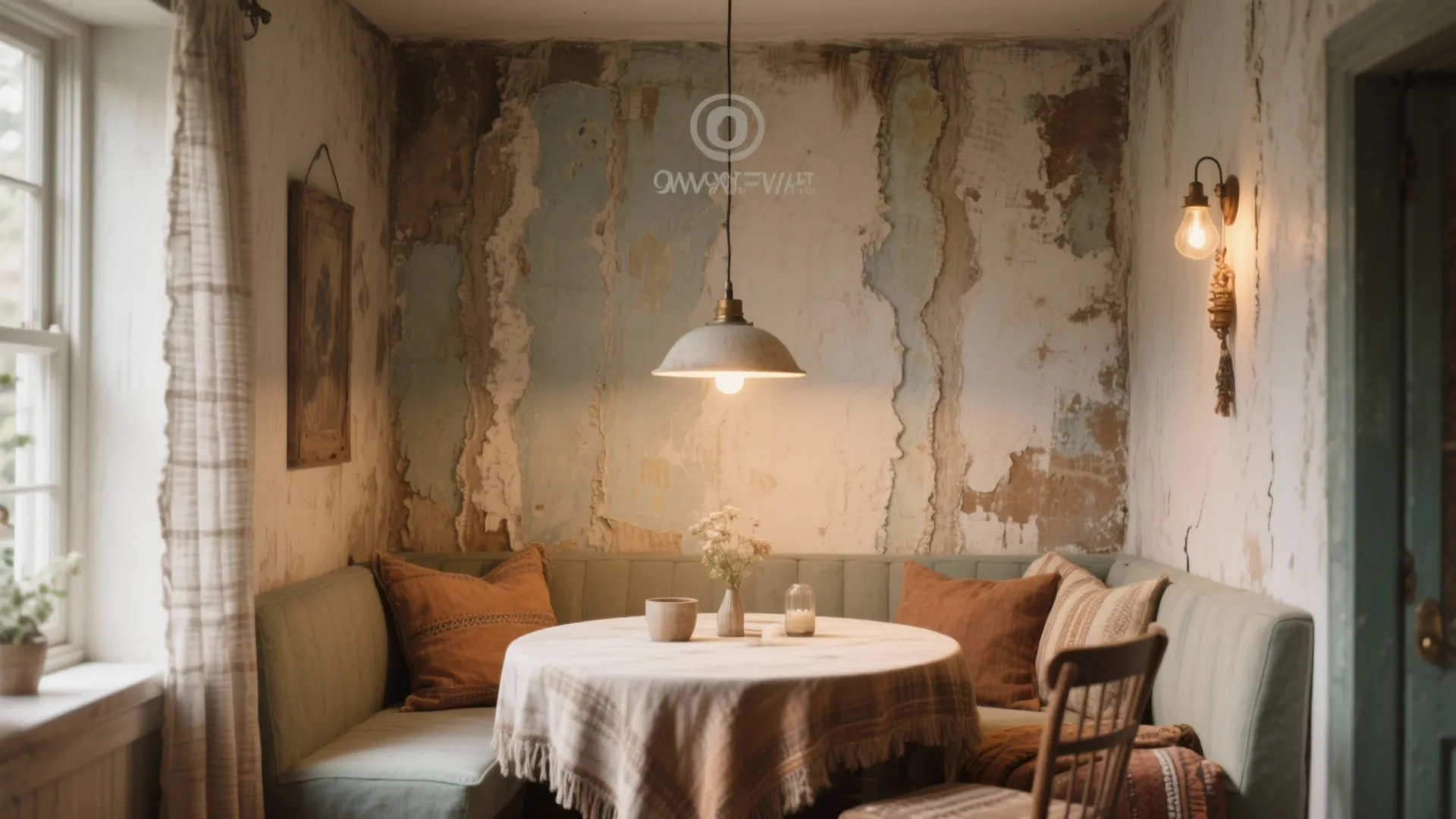 Rustic dining corner with blue textured wall green bench ceiling light and table with tablecloth cover
