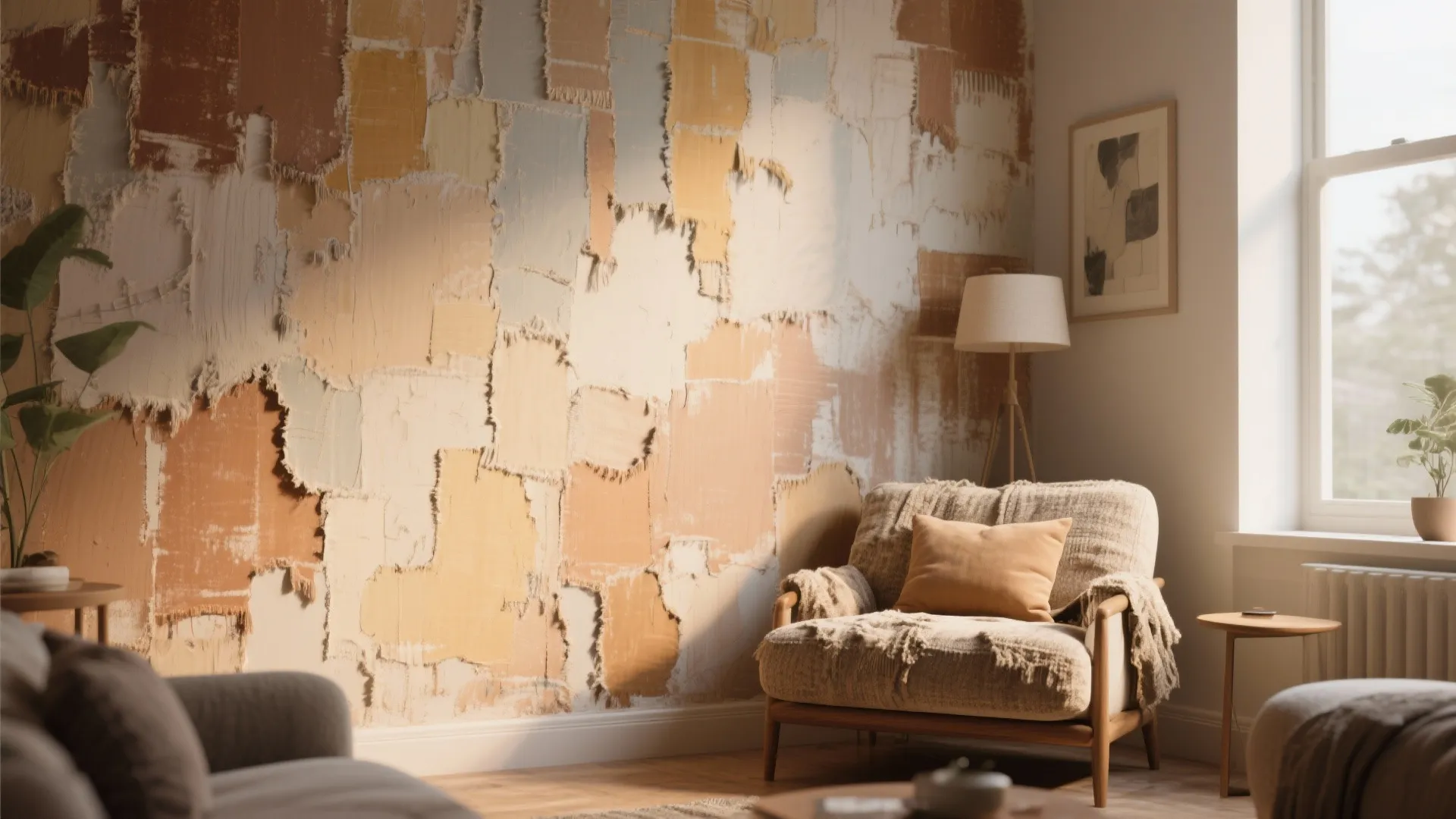 Cozy living room featuring a colorful textured patchwork wall design with armchair and floor lamp